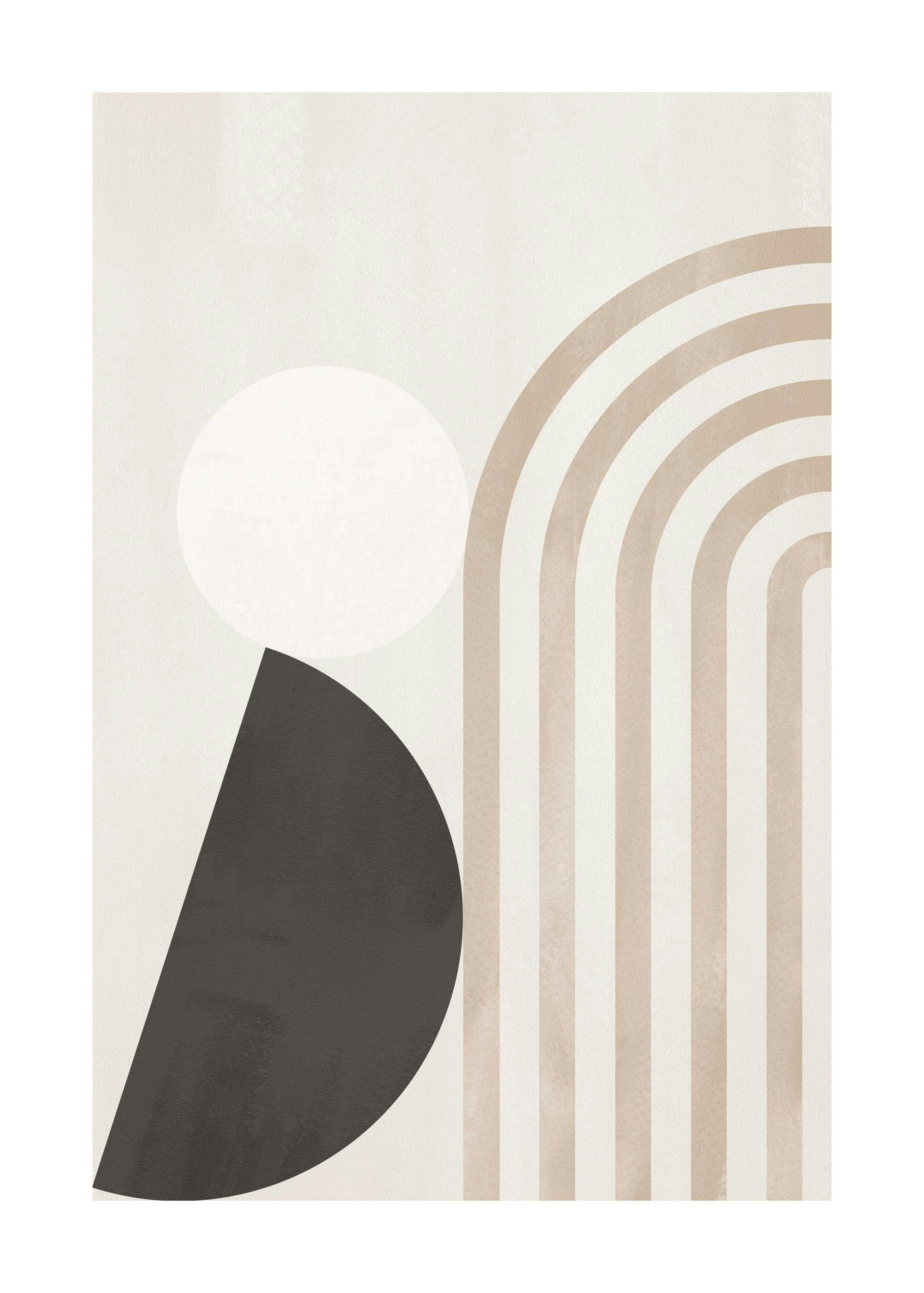 Poster mit Formen, Kreisen und Bögen in Schwarz, Weiß, Beige. Modernes Design mit geometrischen Elementen.