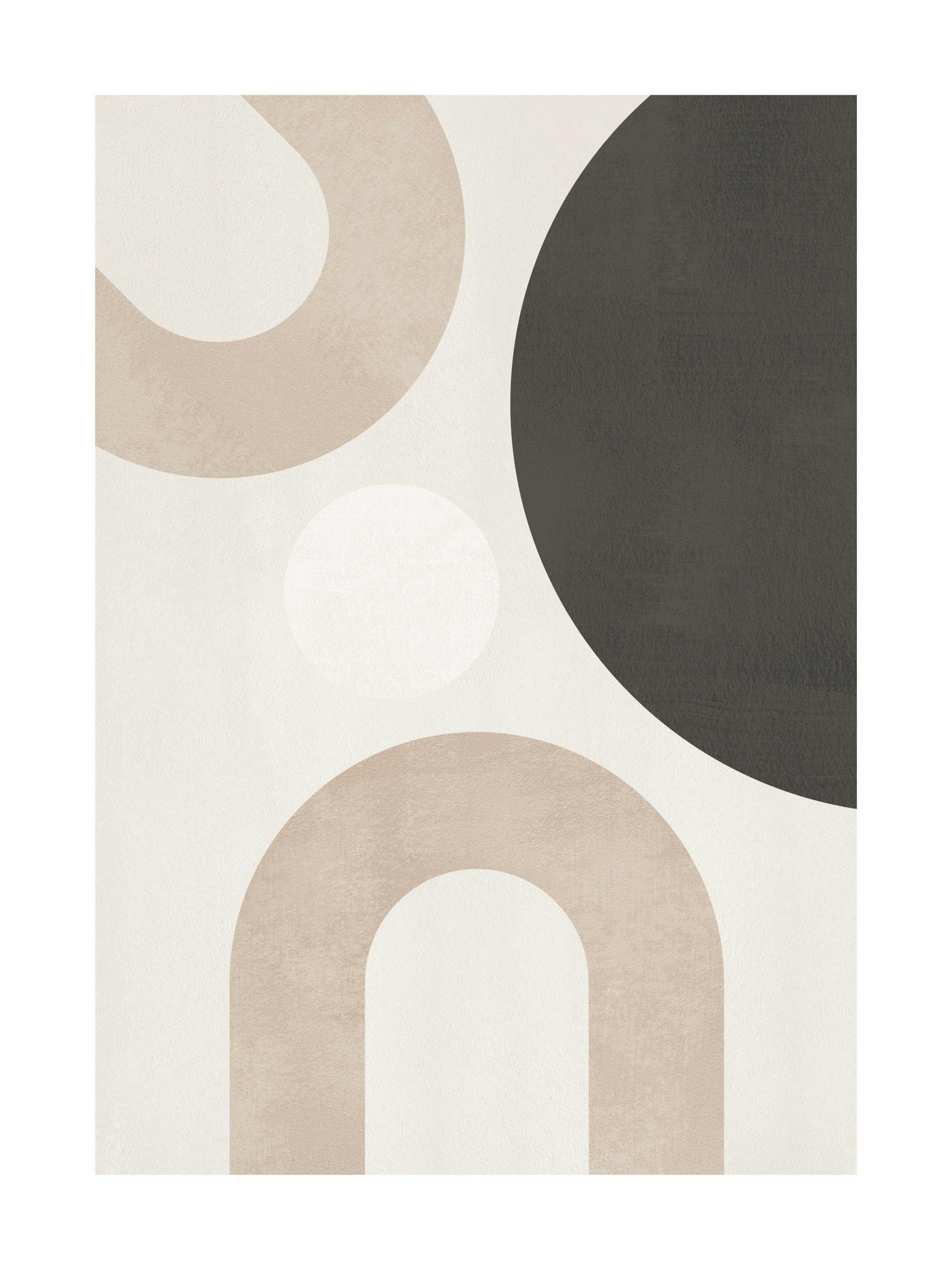 A print of abstract neutral shapes, including a dark circle, light arches, and a white circle, hanging on a cream wall above boo