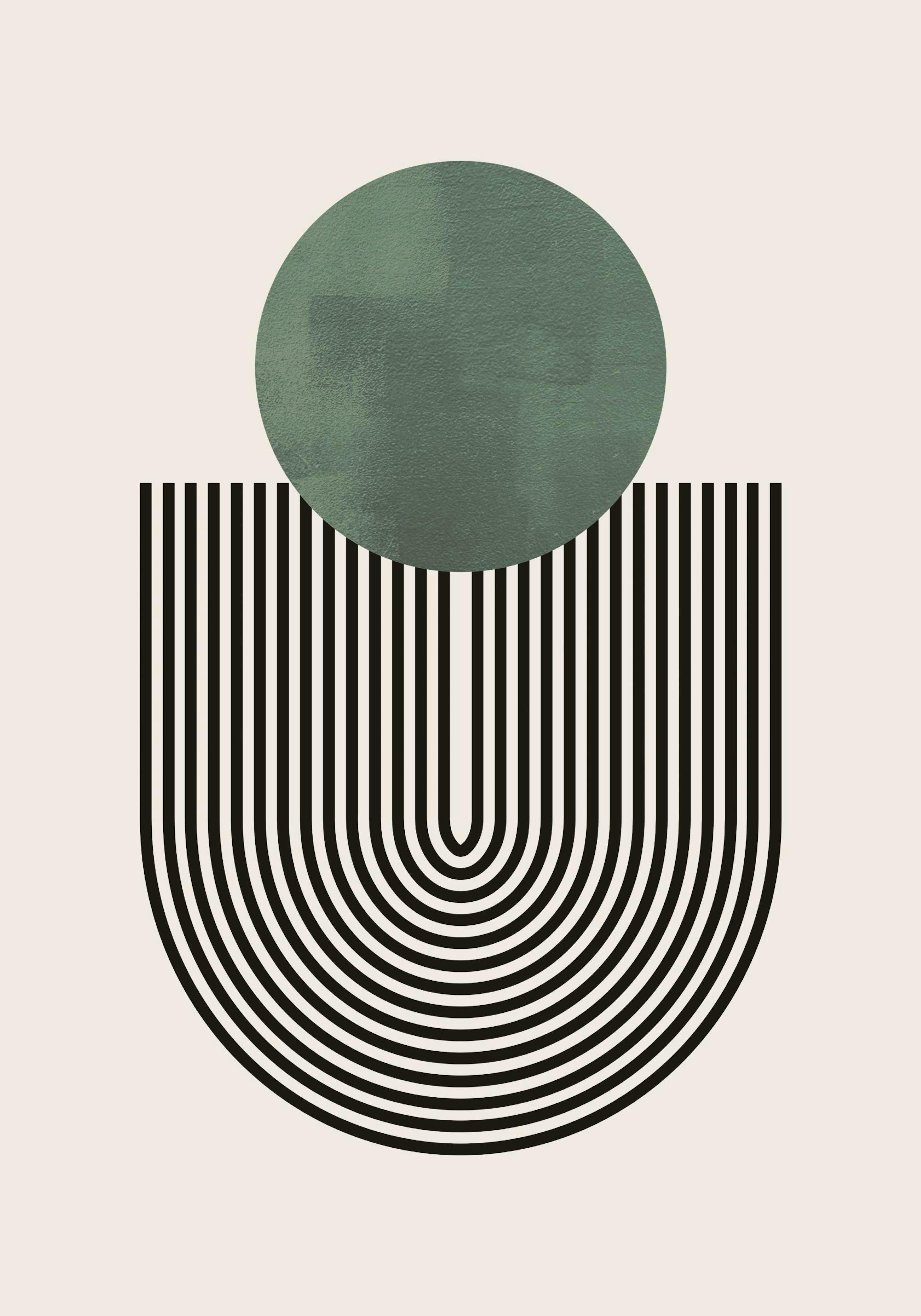 Affiche géométrique aux lignes noires et cercle vert texturé, style Mid-Century moderne.