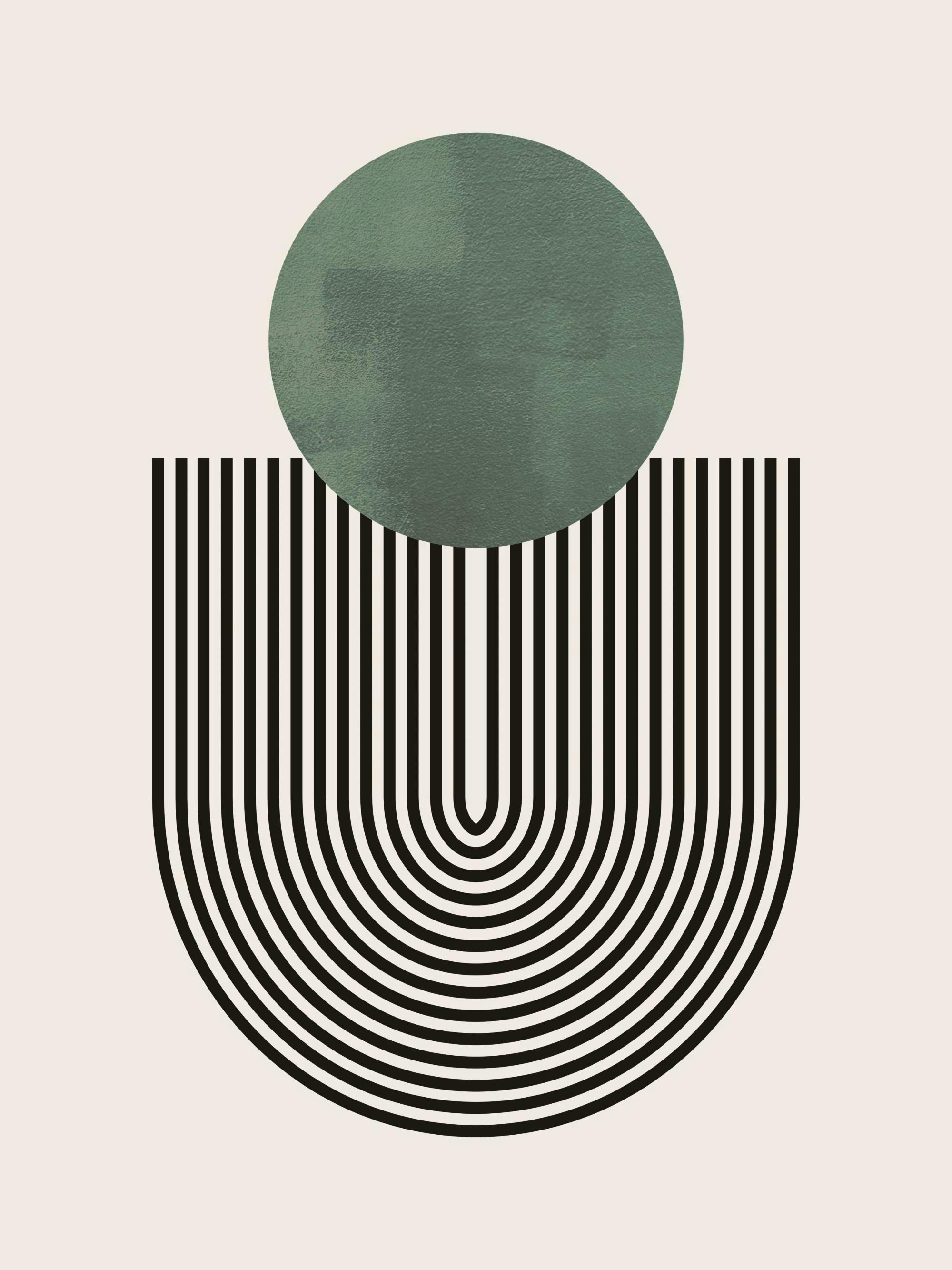 Póster gráfico de arte moderno con líneas negras y círculo verde texturizado, estilo Mid Century.