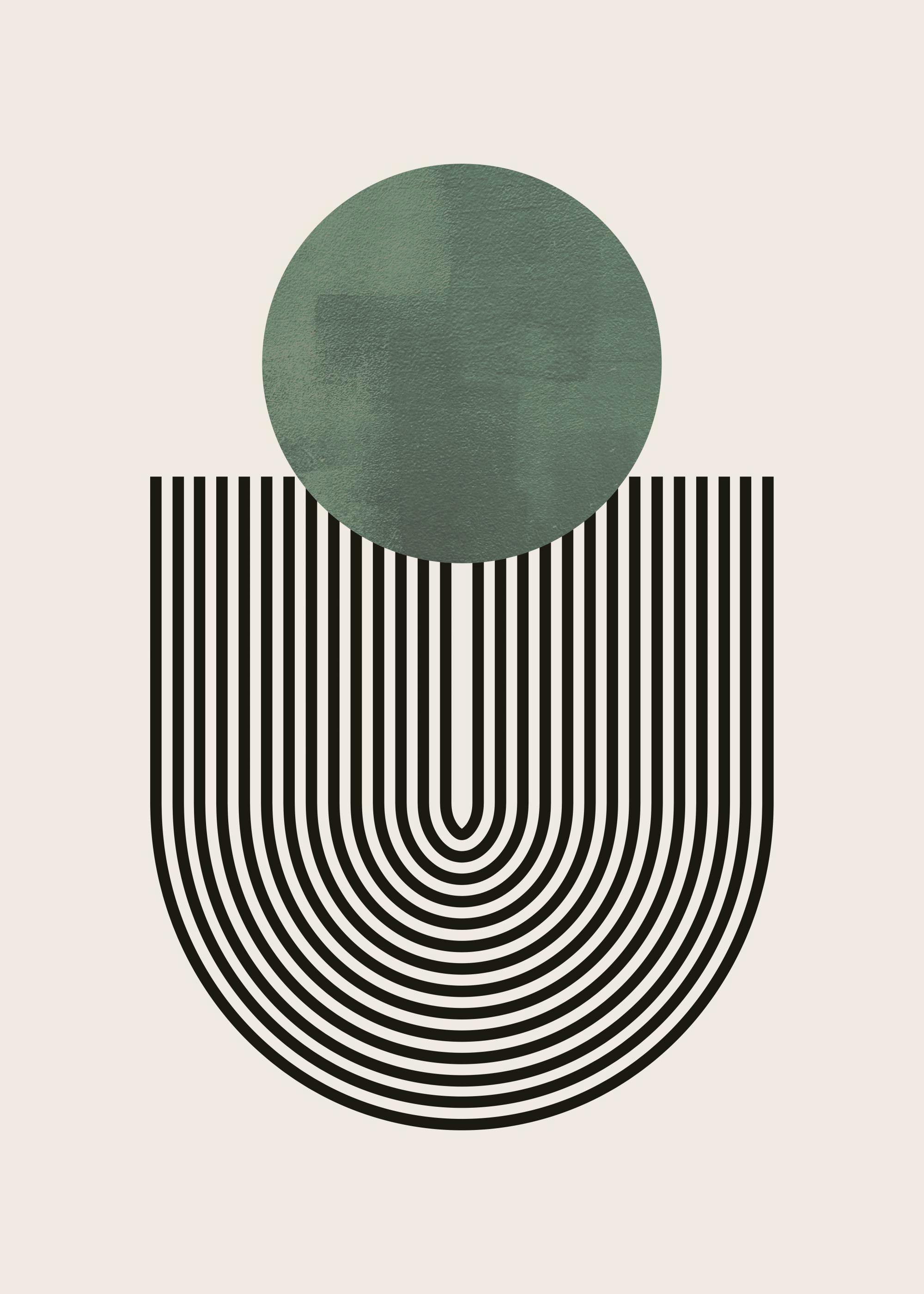 Geometrisches Poster mit grünem Kreis und schwarzen Linien, moderne Wandkunst.