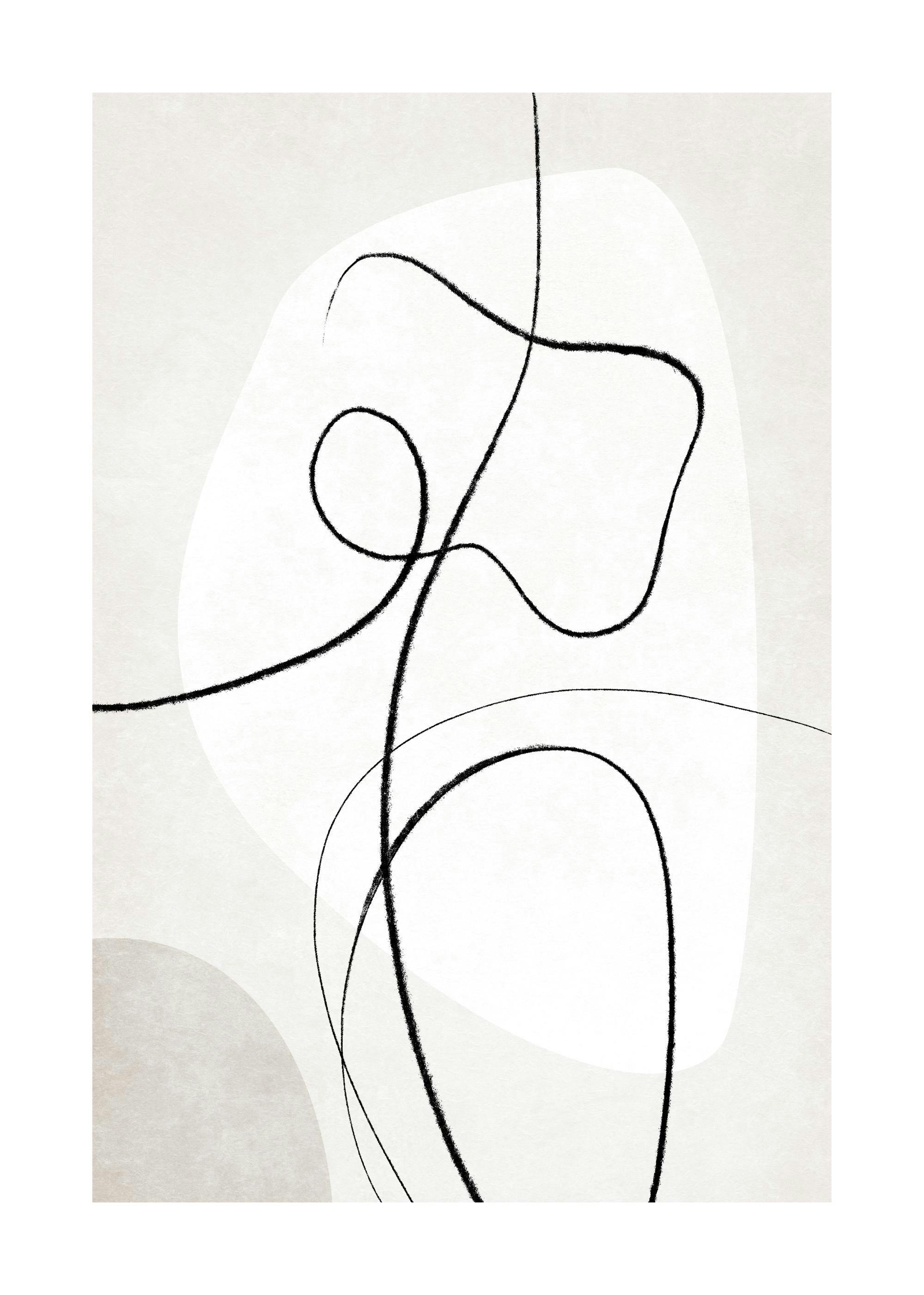 Abstrakte Line Art auf beigem Hintergrund mit geschwungenen schwarzen Linien und organischen Formen, modernes Design.