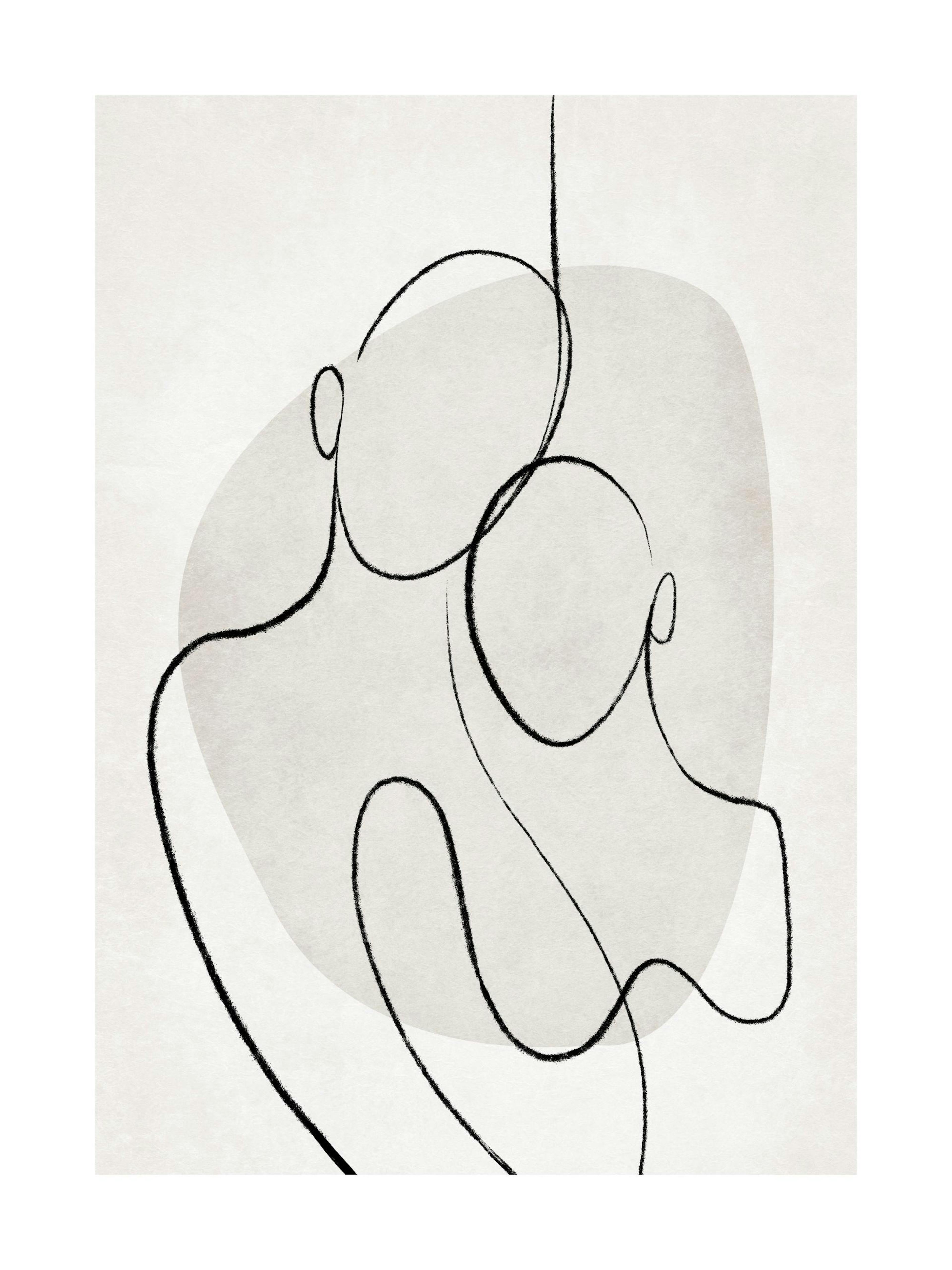 Póster de líneas abstractas negras sobre fondo beige con formas grises, arte de línea moderno.