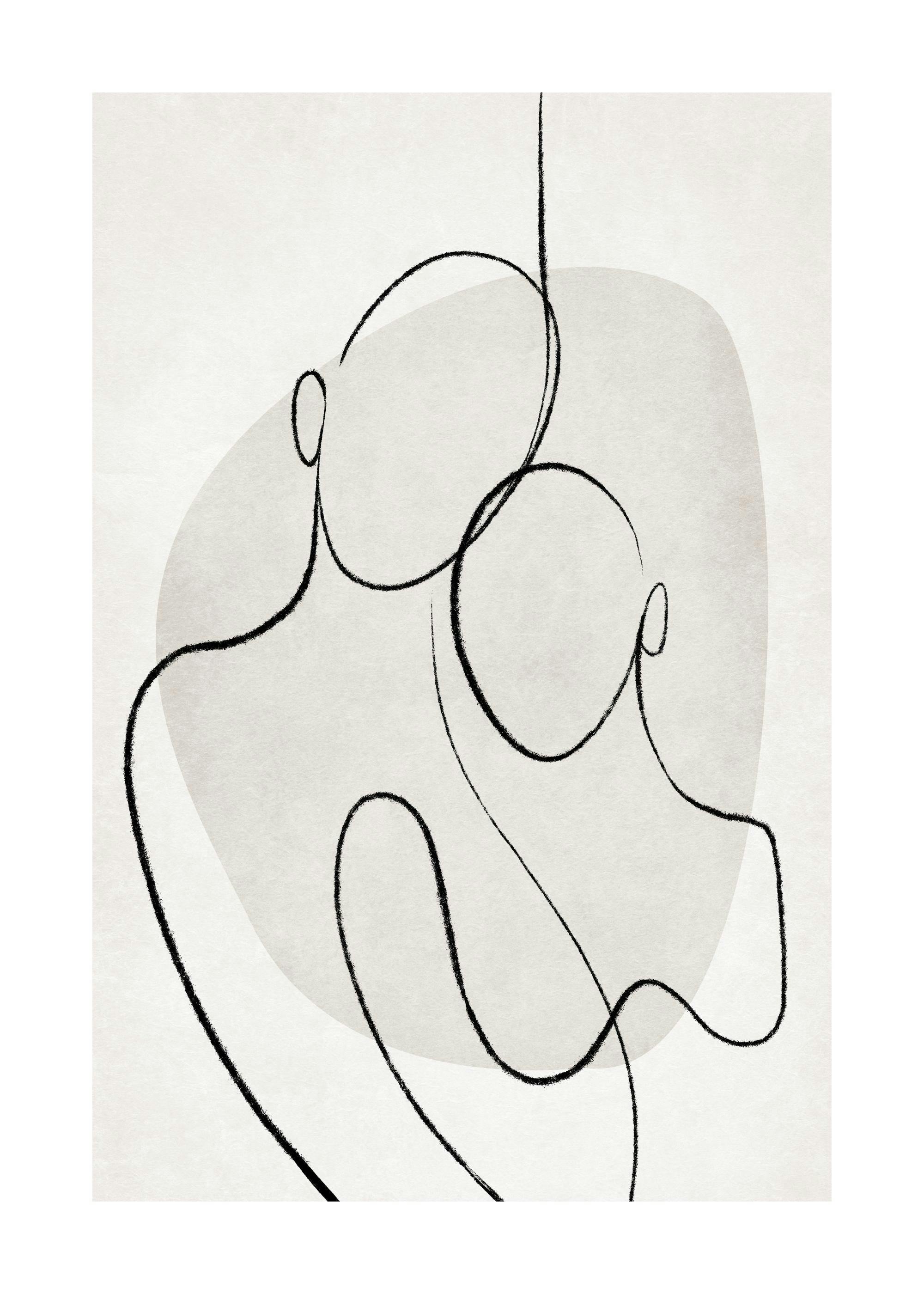 Póster de líneas abstractas negras sobre fondo beige con formas grises, arte de línea moderno.