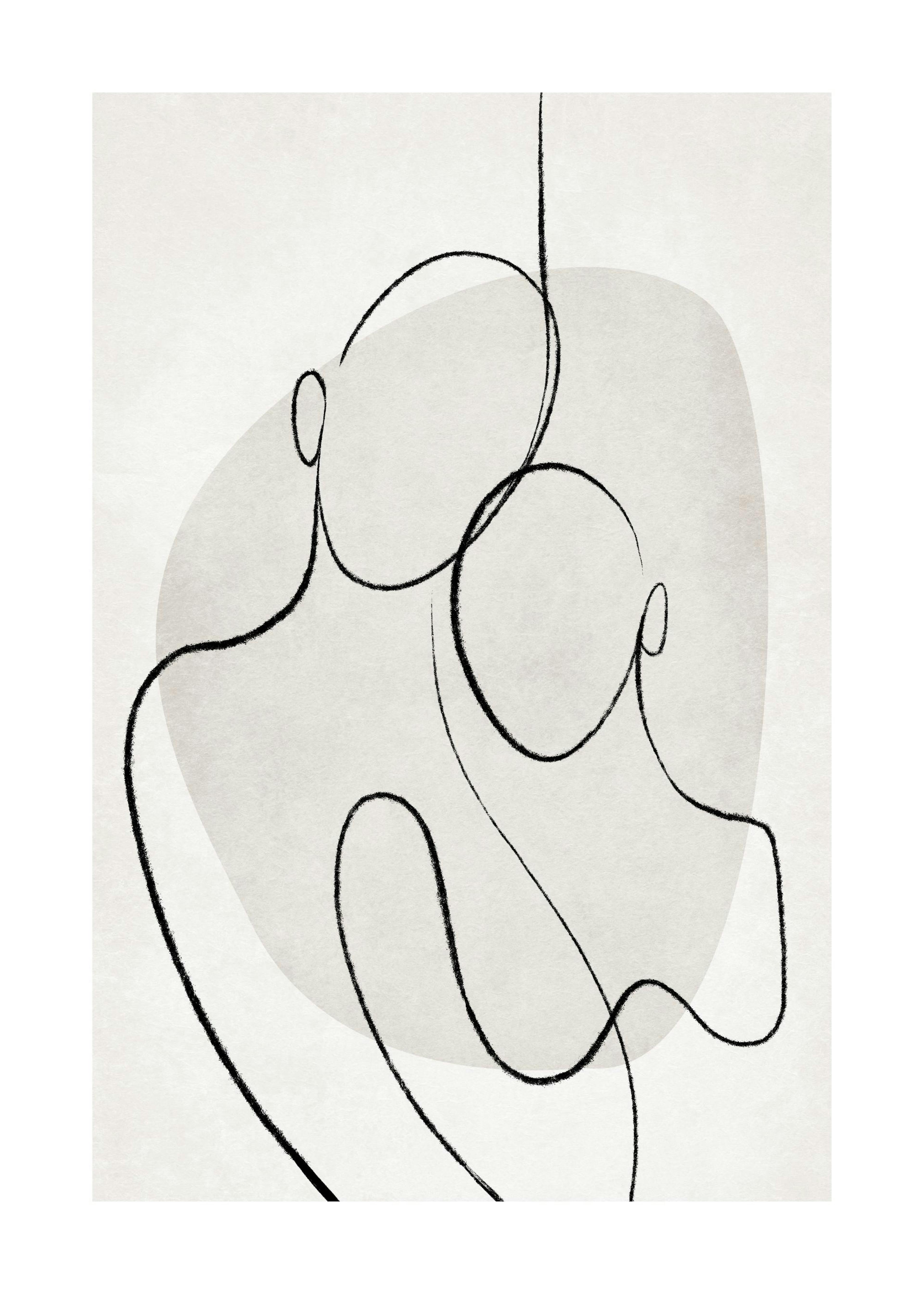 Poster astratto con arte lineare nera su sfondo beige e forme organiche grigie, stile moderno.