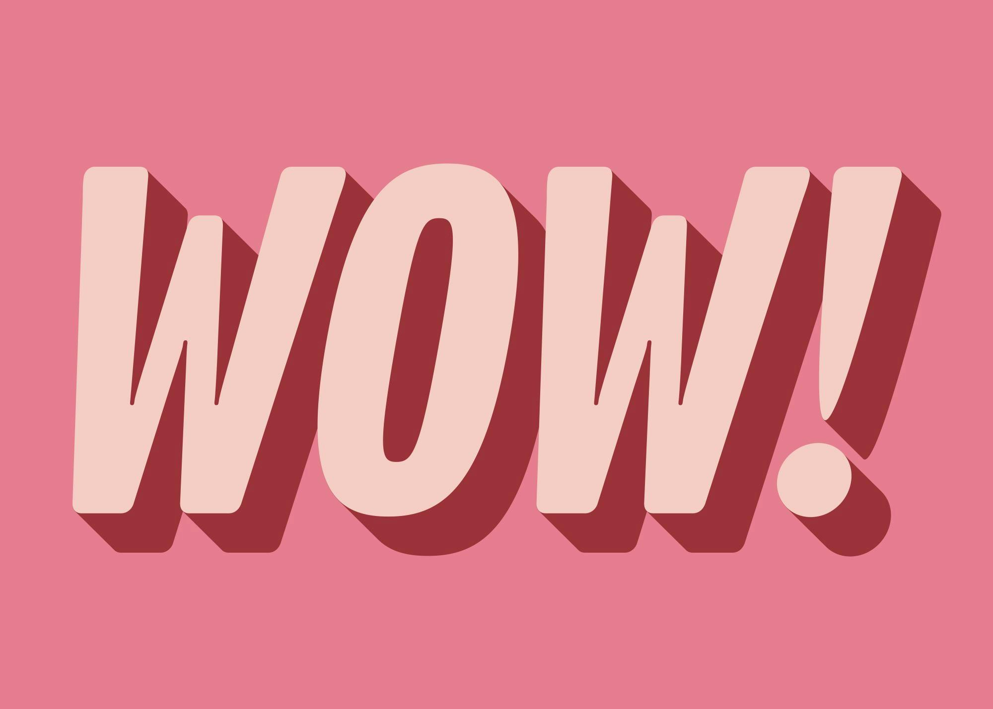 Typografie-Poster WOW! in Rosa und Beige, im Querformat, mit 3D-Schatteneffekt für Wanddekoration.