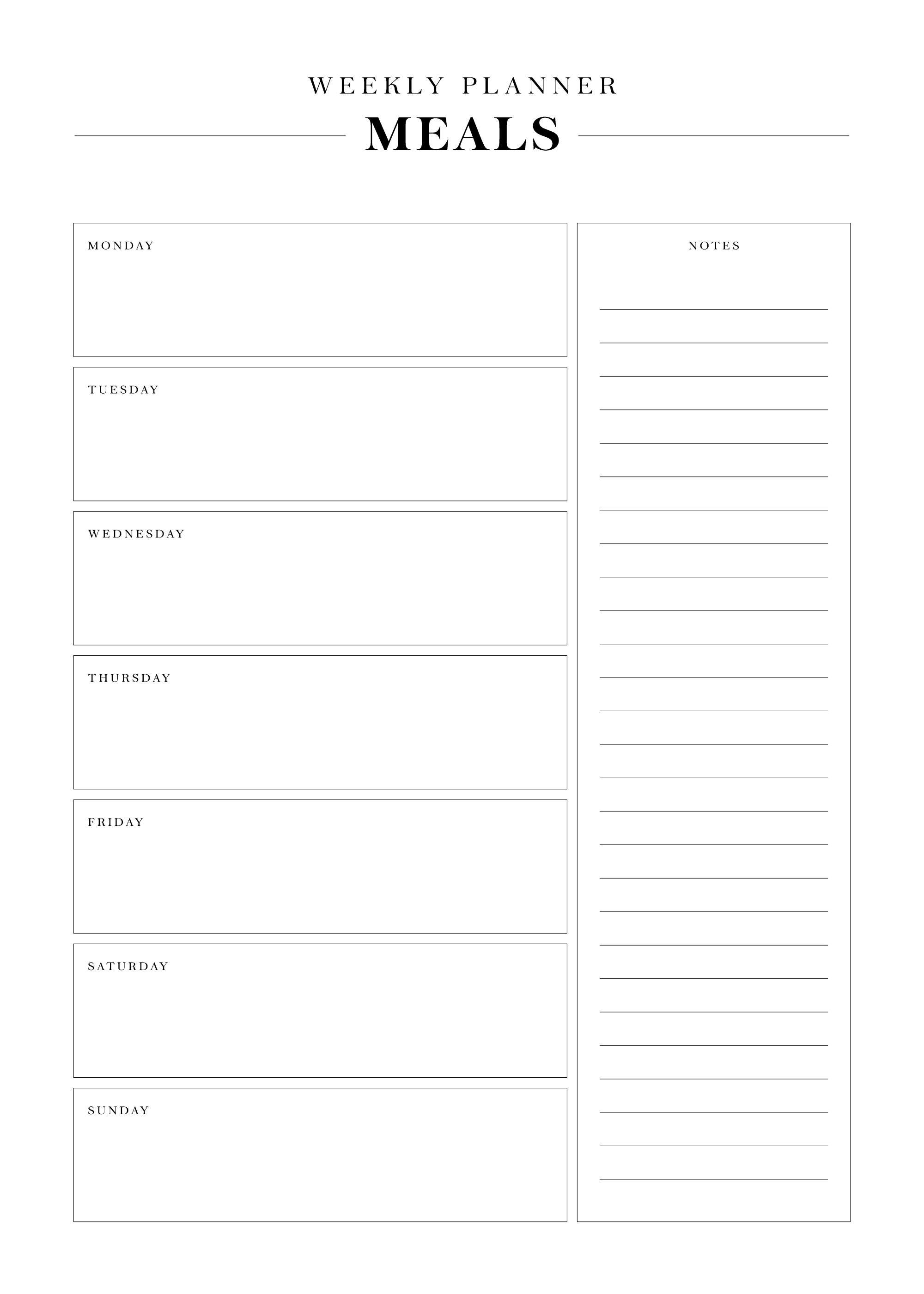 White weekly meal planner poster with black text and grey lines for daily meals and notes