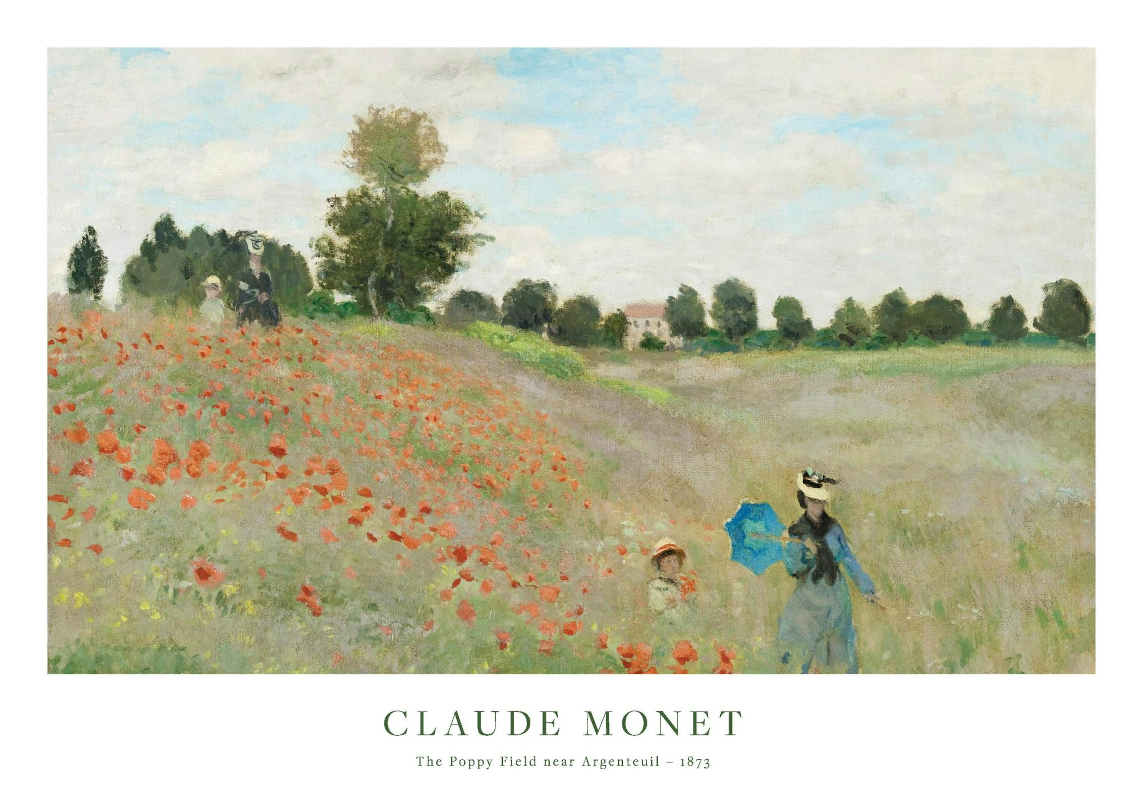 Poster Il Campo di Papveri di Monet, con figure in un campo fiorito rosso e verde sotto un cielo azzurro e nuvoloso.