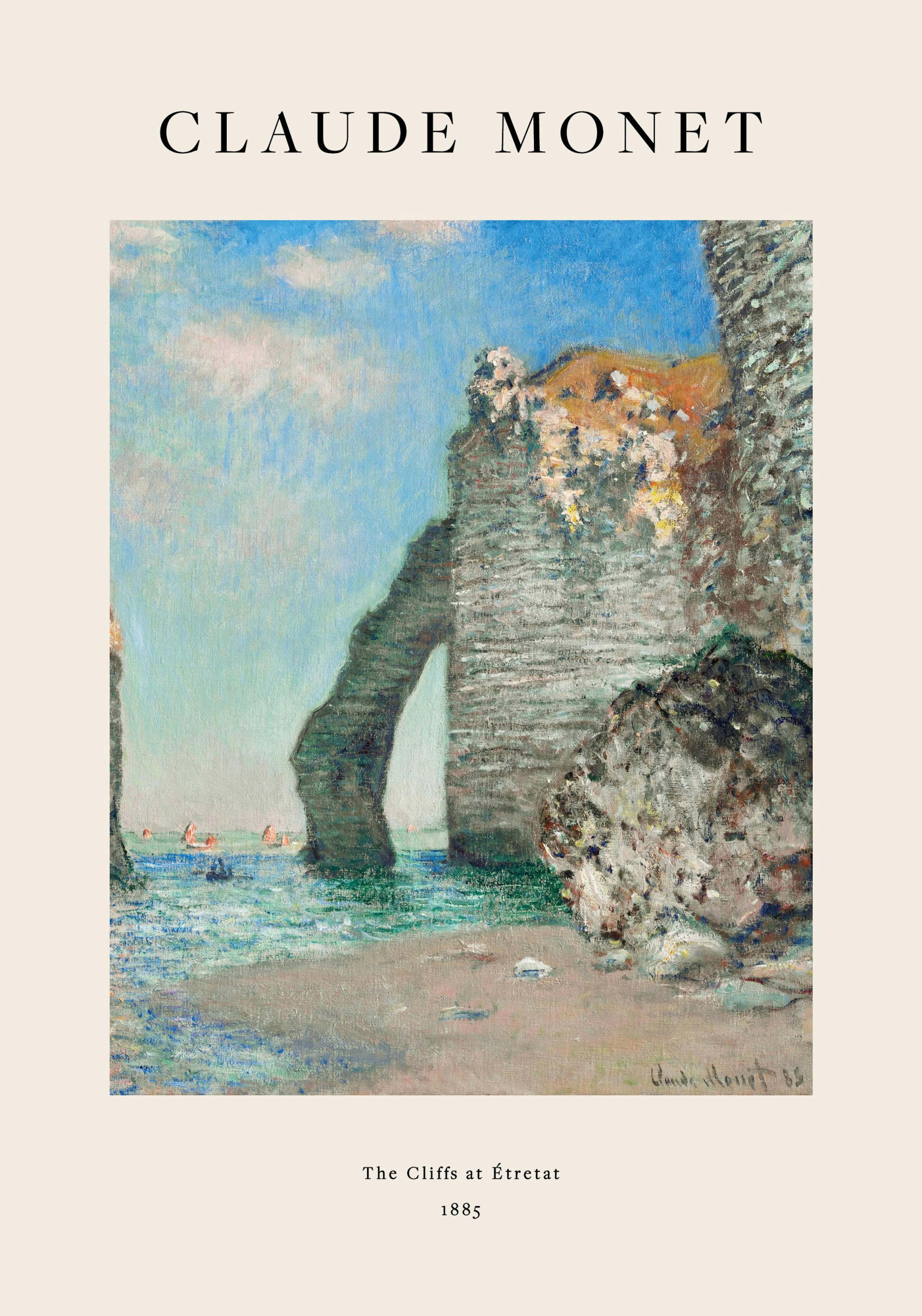 Monets impressionistisches Landschaftsgemälde von Klippen und Felsen am Strand von Étretat mit blauem Meer und Himmel.