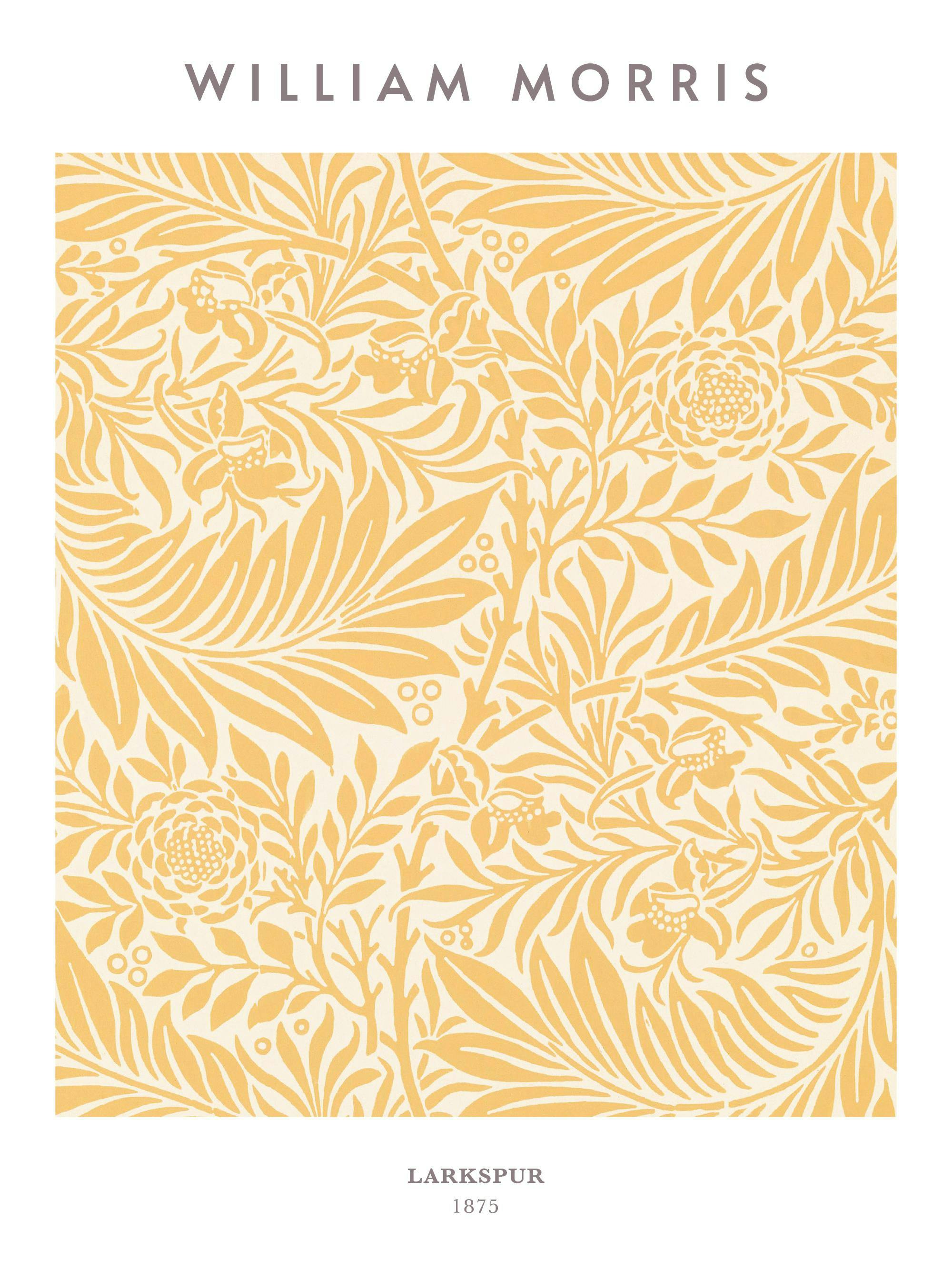 William Morris Larkspur No3 print, featuring a classic yellow floral pattern with intricate leaves and blossoms on a light backg