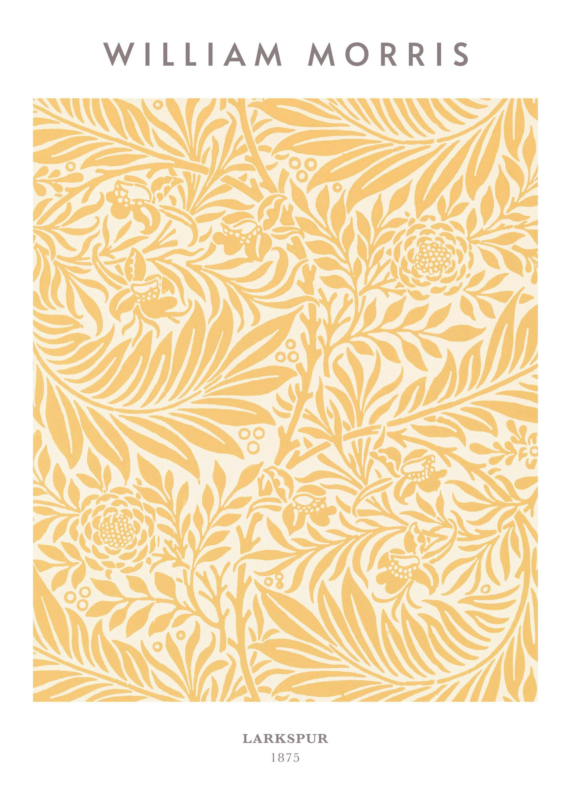 Affiche William Morris Larkspur No3, motif floral jaune avec des feuilles et fleurs détaillées sur fond clair