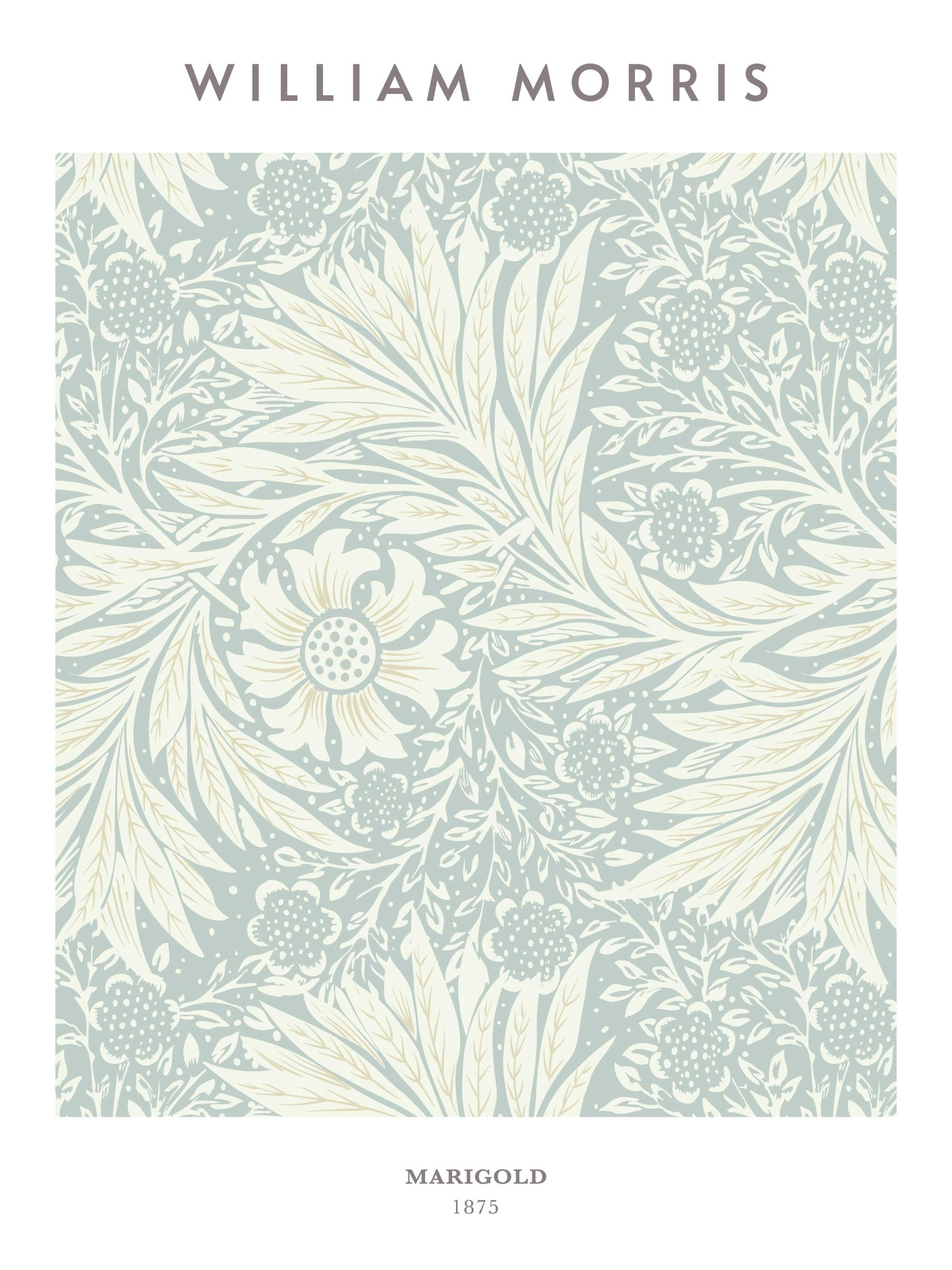 William Morris Marigold No2 print, a repeating floral pattern in green and beige, featuring stylized marigold flowers and foliag