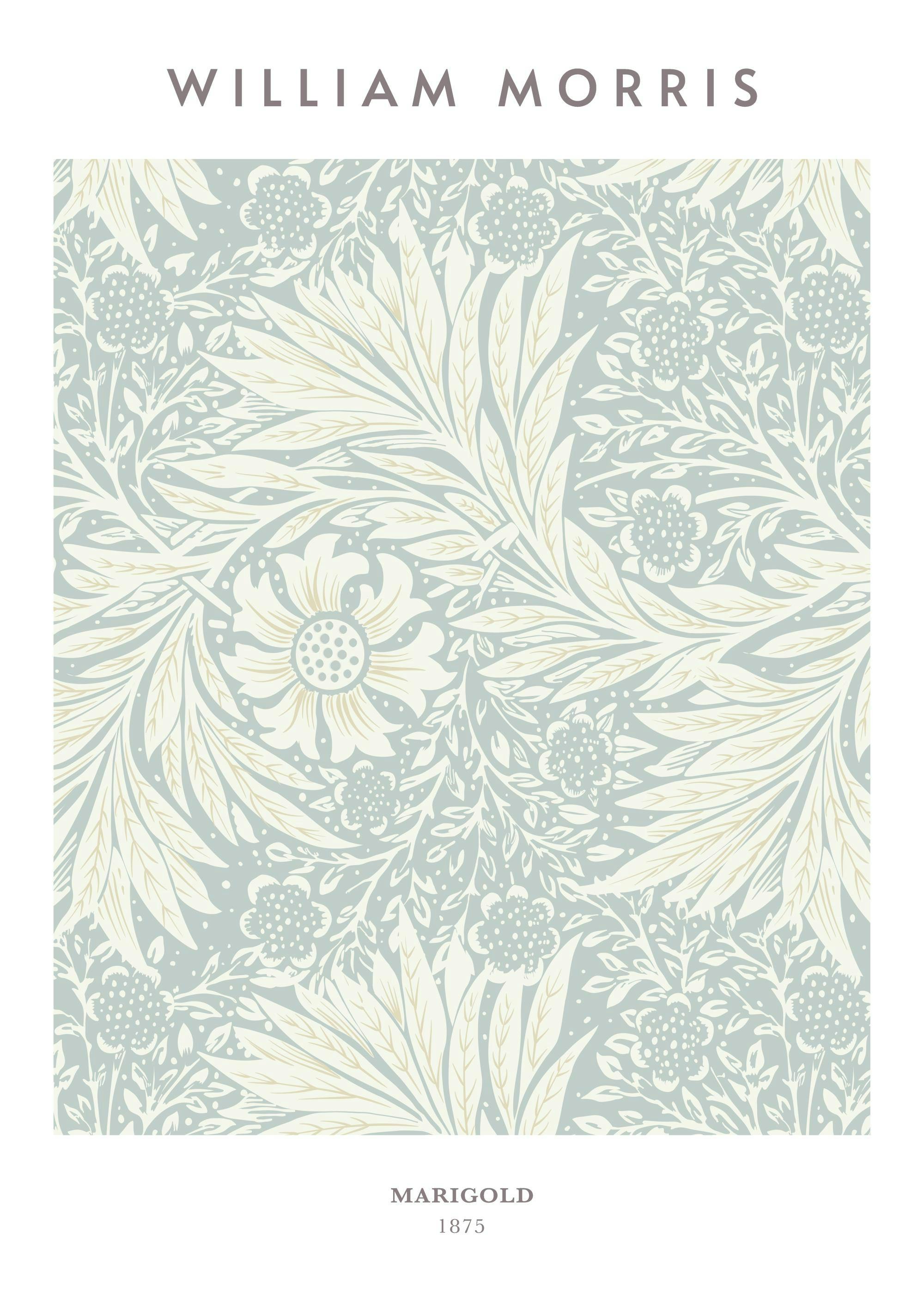 William Morris Marigold No2 poster with green and beige floral pattern, showcasing an intricate botanical design.