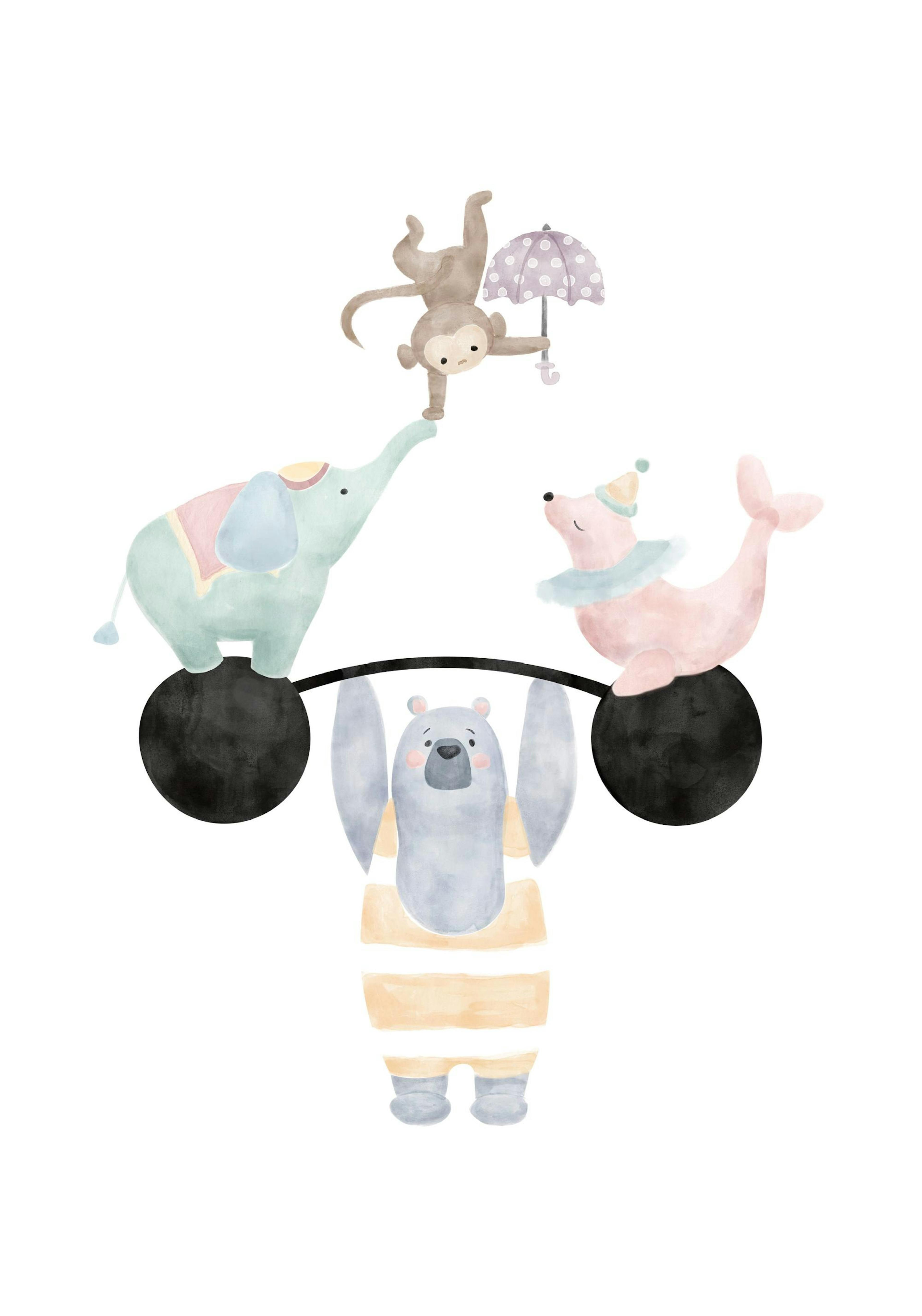 Pastellfarbenes Zirkus-Poster: Bär hebt Gewicht, Elefant balanciert Affen mit Regenschirm, Seelöwe sitzt auf Gewicht.