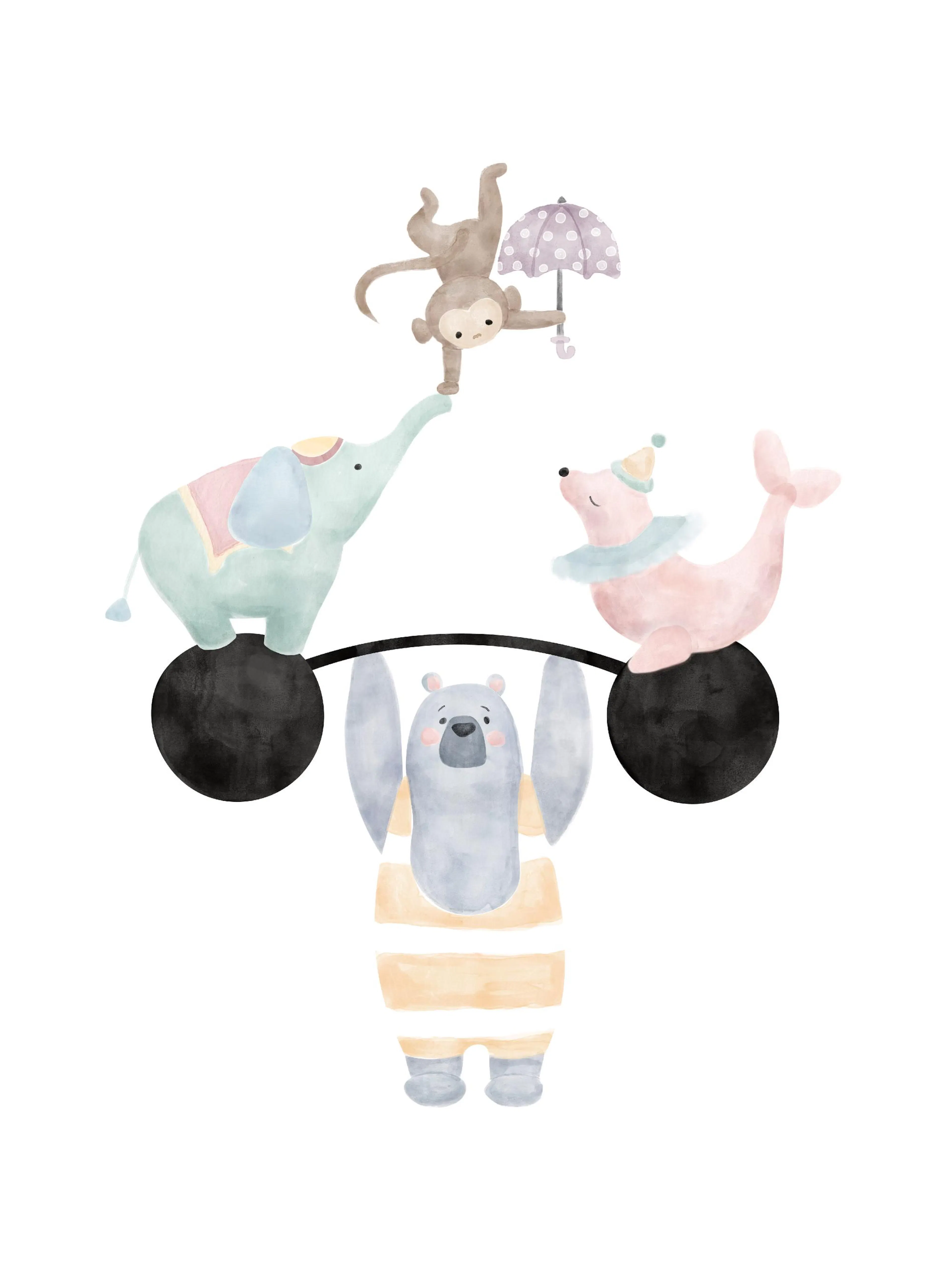 Poster con orso, elefante, foca e scimmia in colori pastello che fanno acrobazie da circo