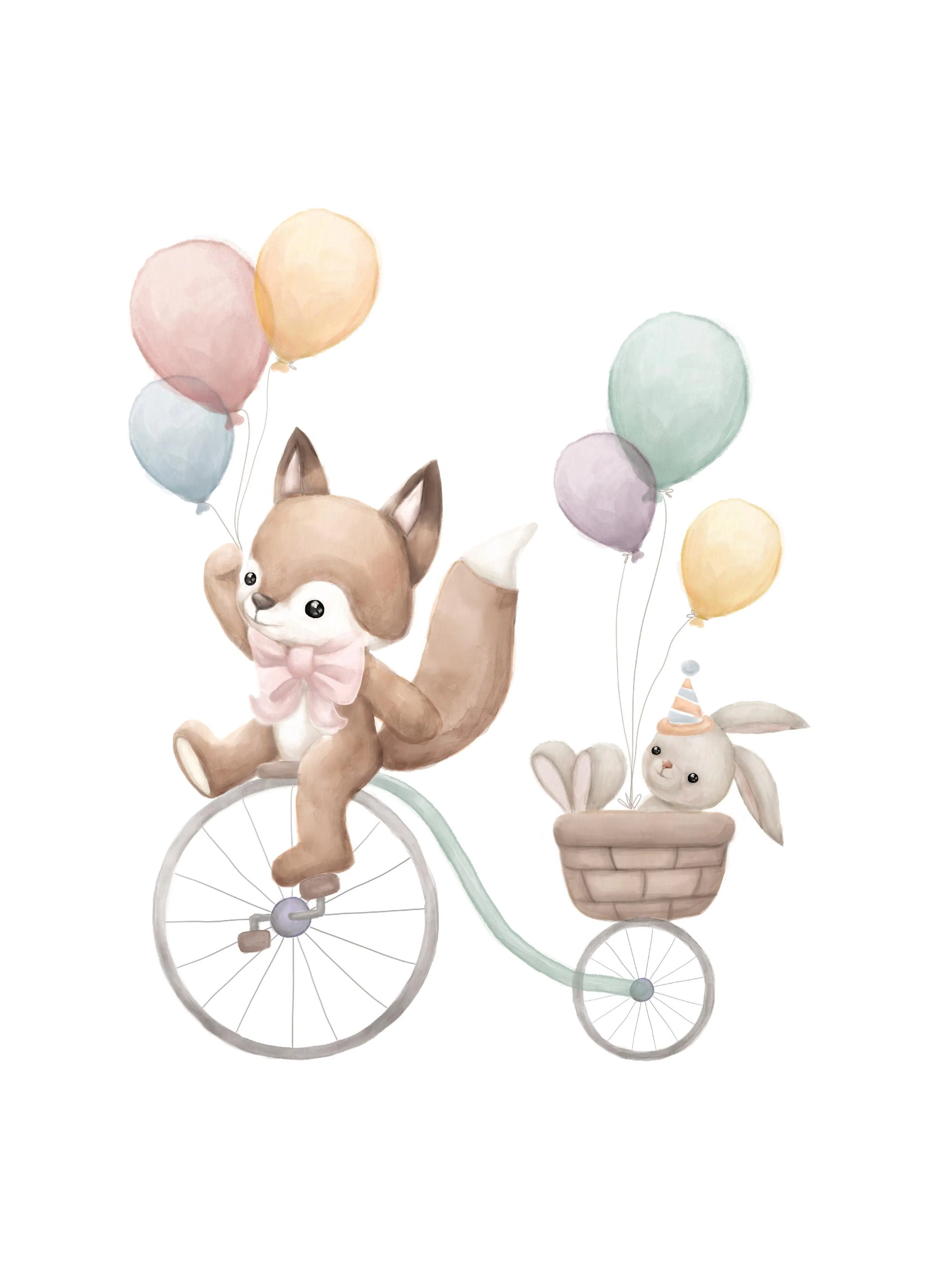 Volpe e coniglio in colori pastello su bicicletta con palloncini, poster per bambini