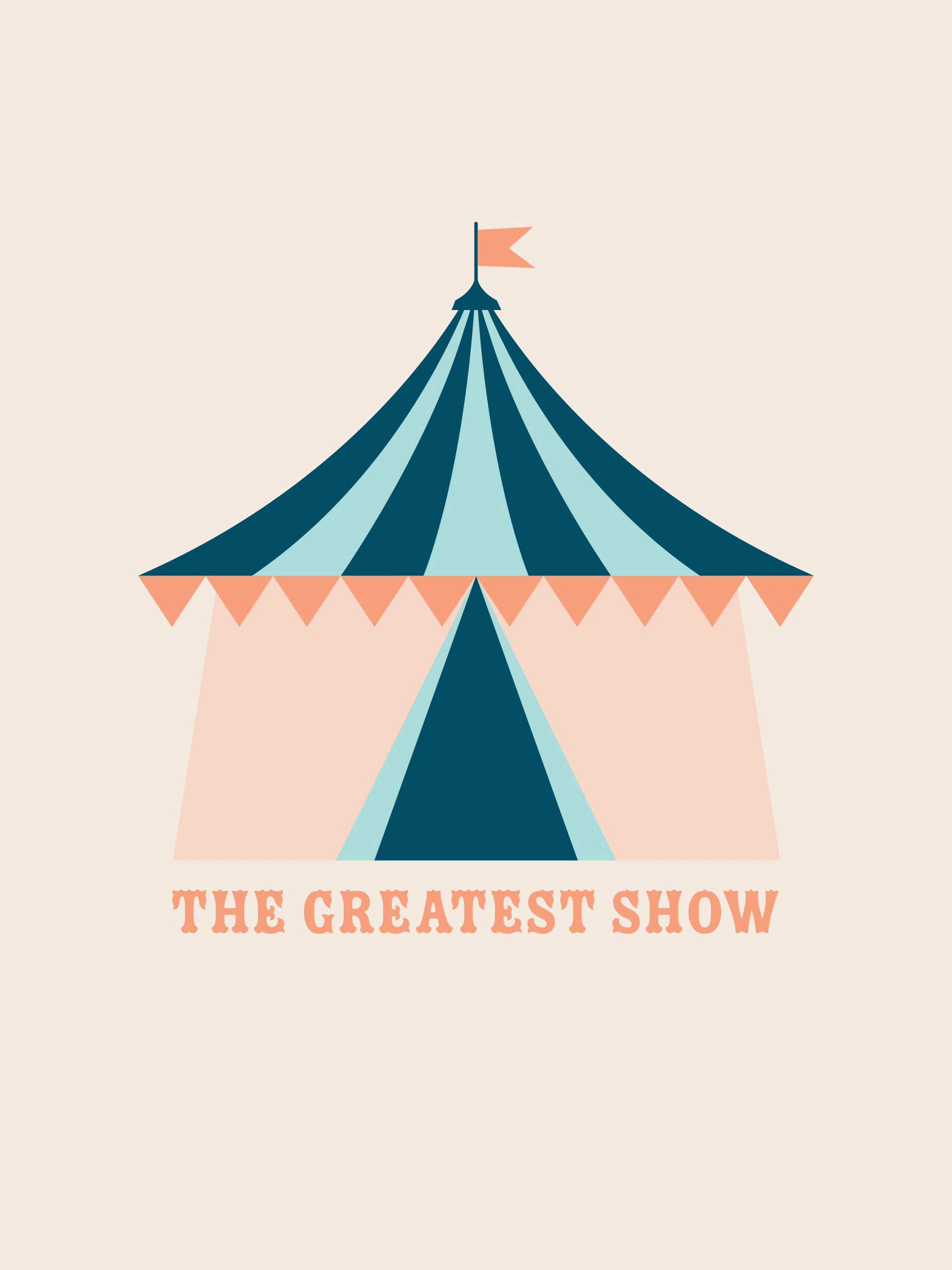 Póster de carpa de circo azul y melocotón con el texto THE GREATEST SHOW, colgado sobre un baúl en una habitación infantil.