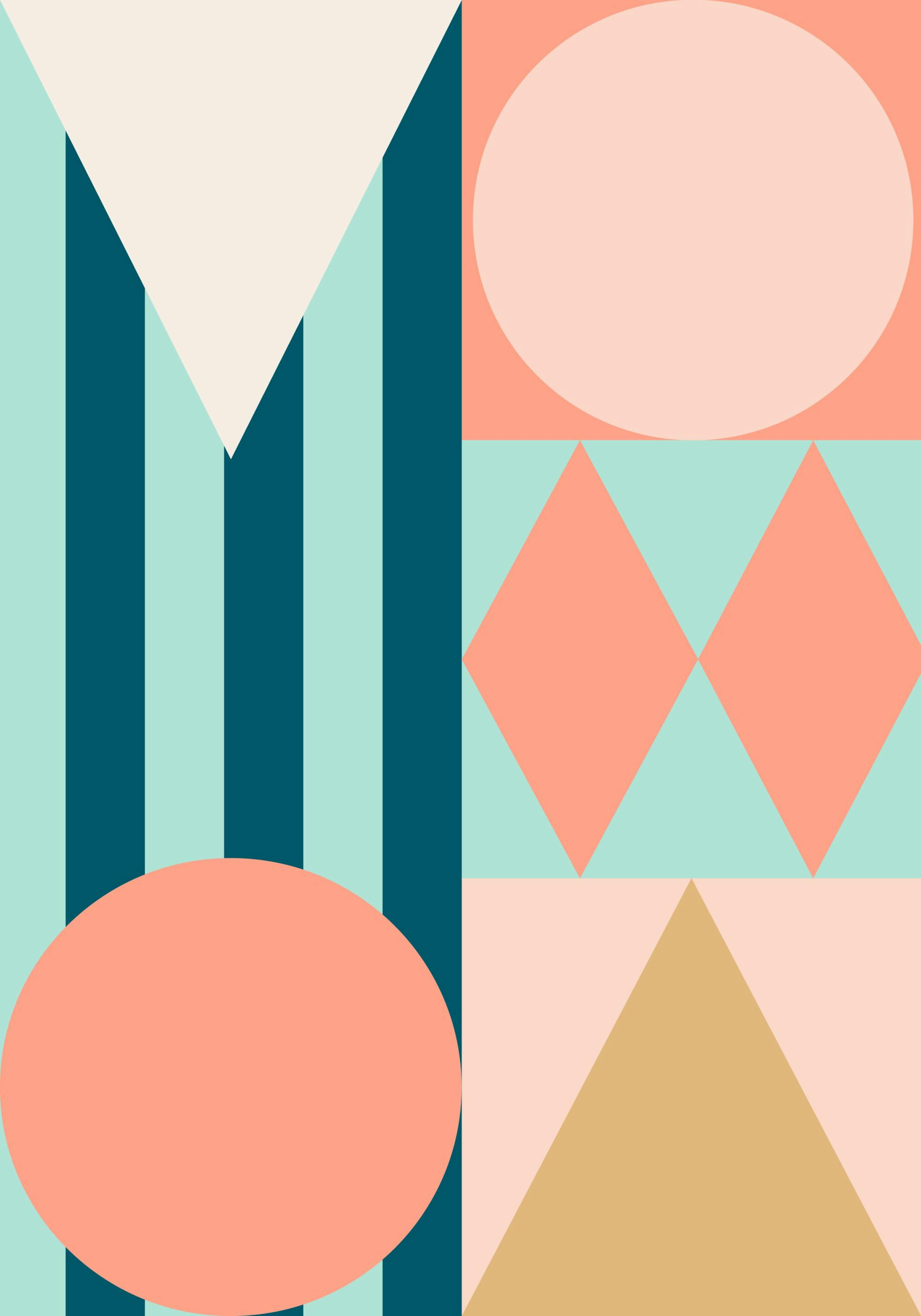 Colorful geometric Circus Pattern Print with stripes, circles, and diamonds in peach, blue, and pink hues.