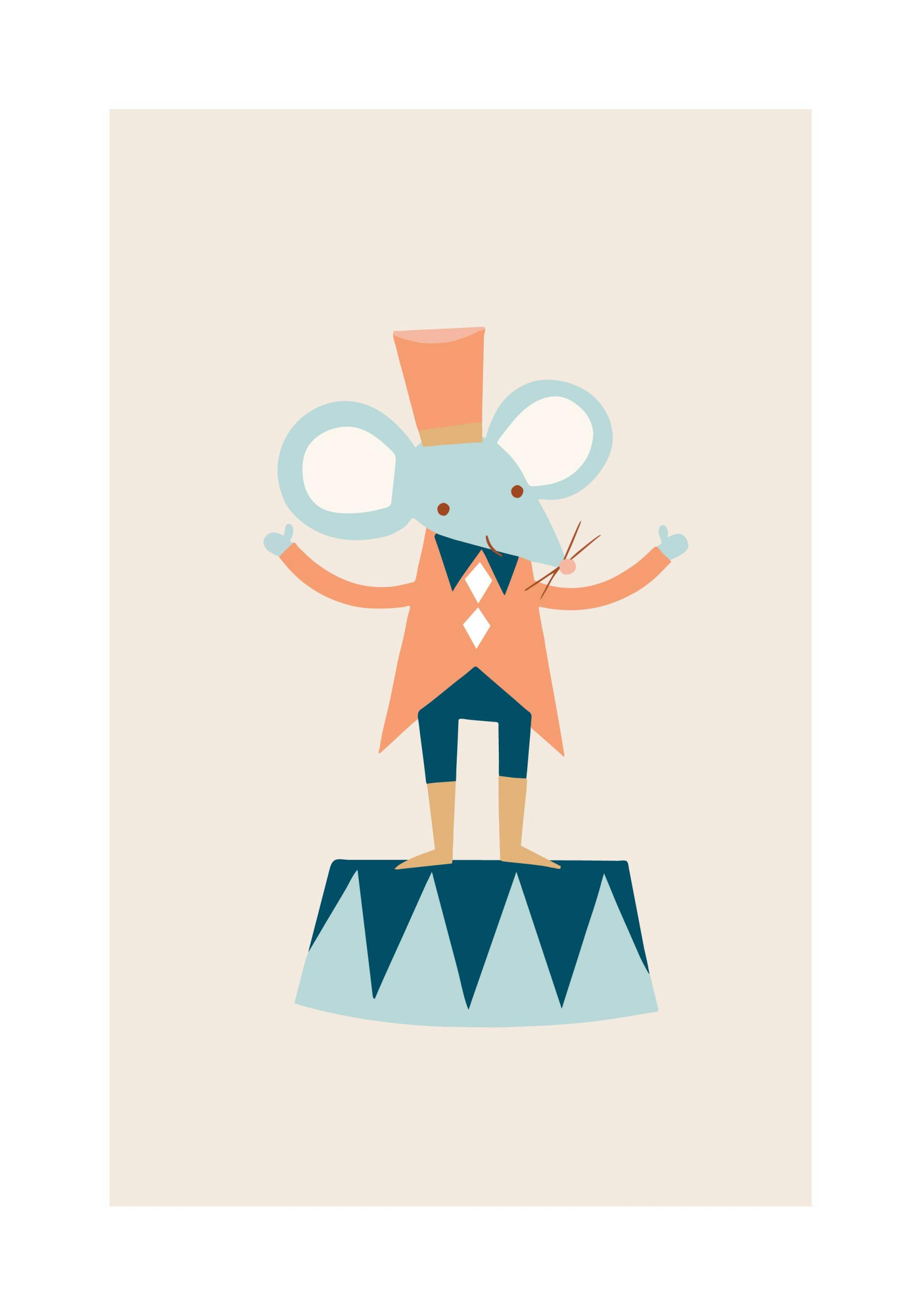 Poster per bambini: topo direttore del circo in pastello, cappello a cilindro, colori tenui, stile illustrato.