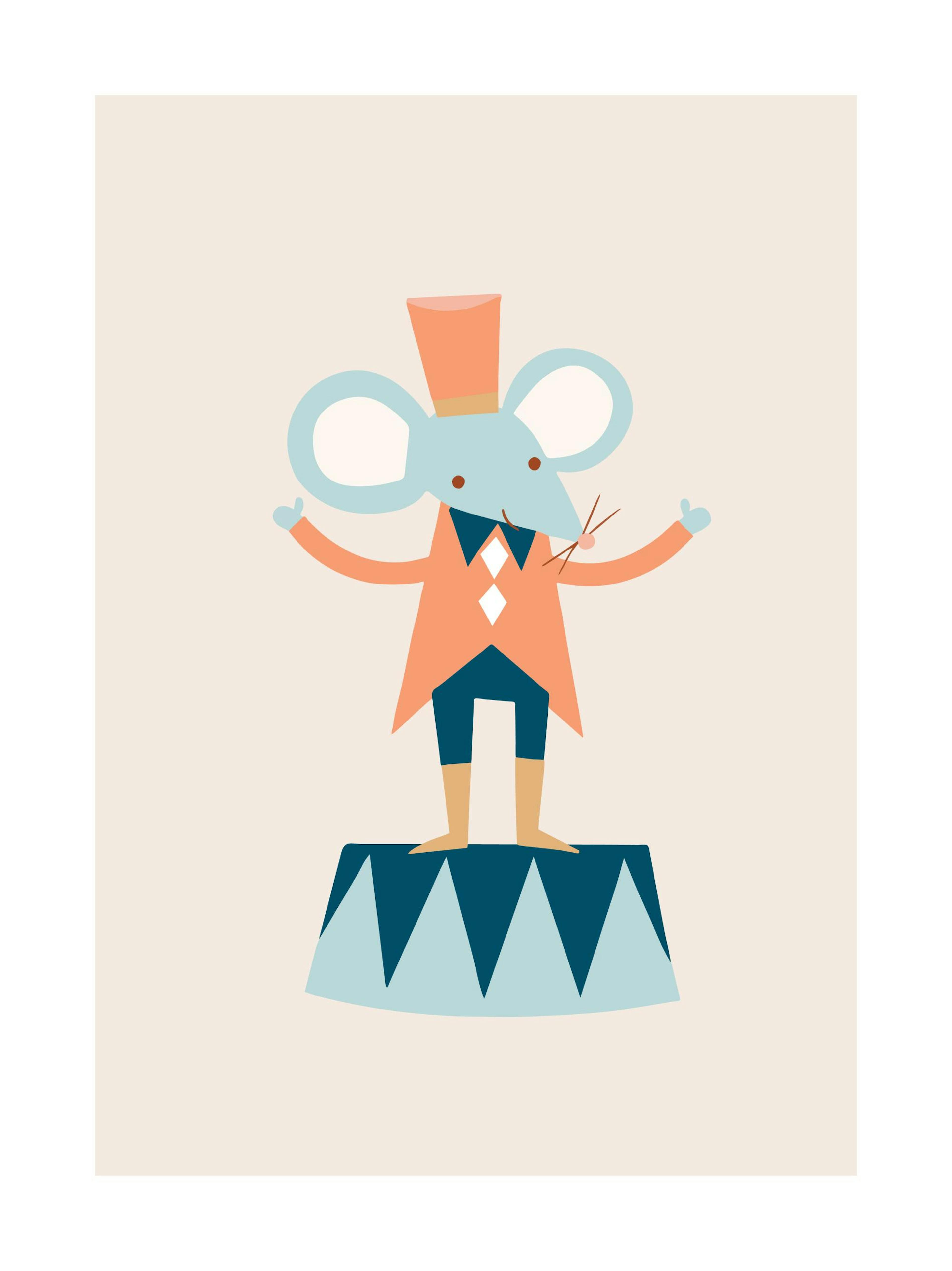 Pastel circus mouse director standing on a patterned drum, perfect for a kids room art print.
