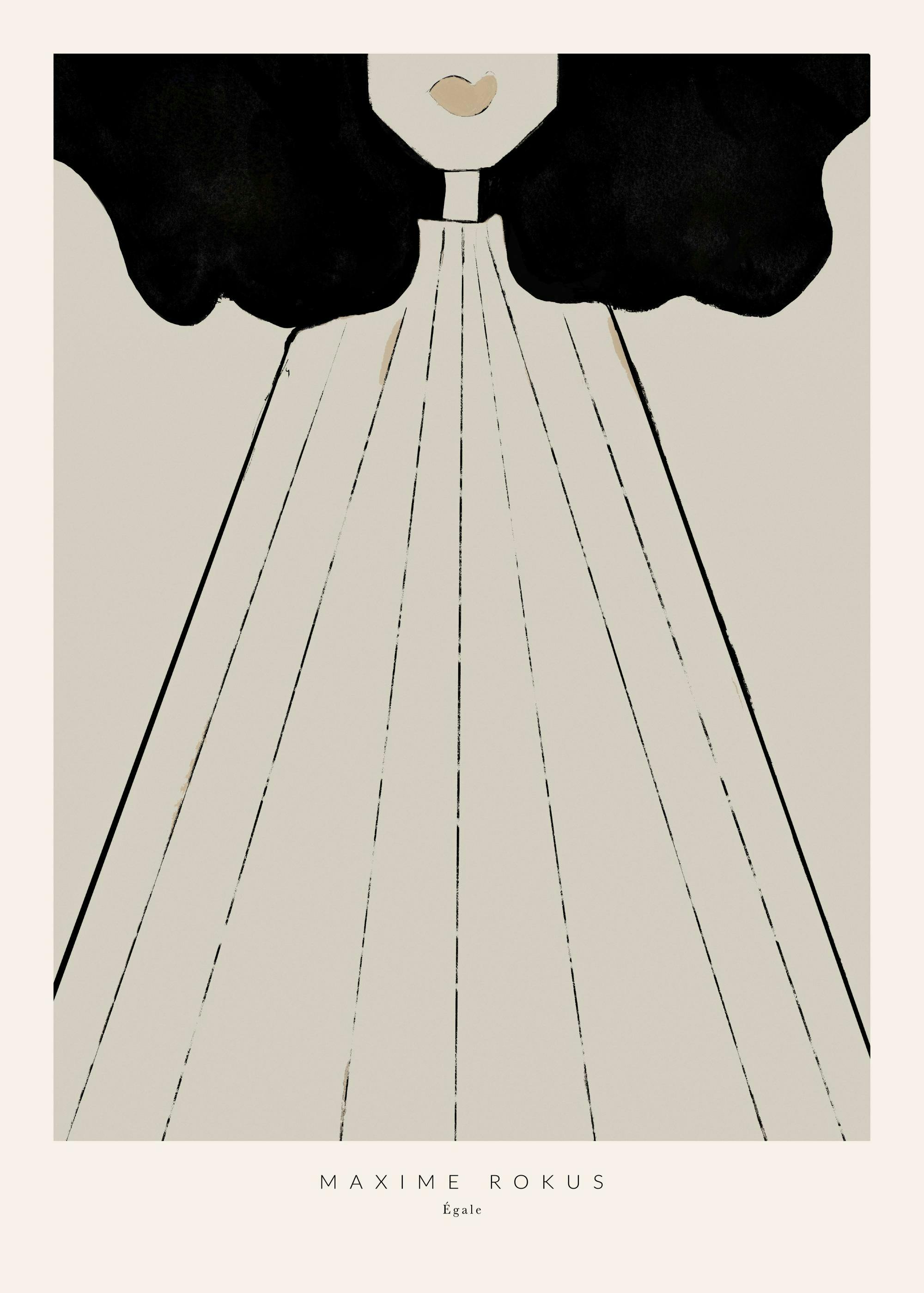 Maxime Rokus Égale print: Minimalist illustration of a woman in black and beige, with black lines radiating downwards