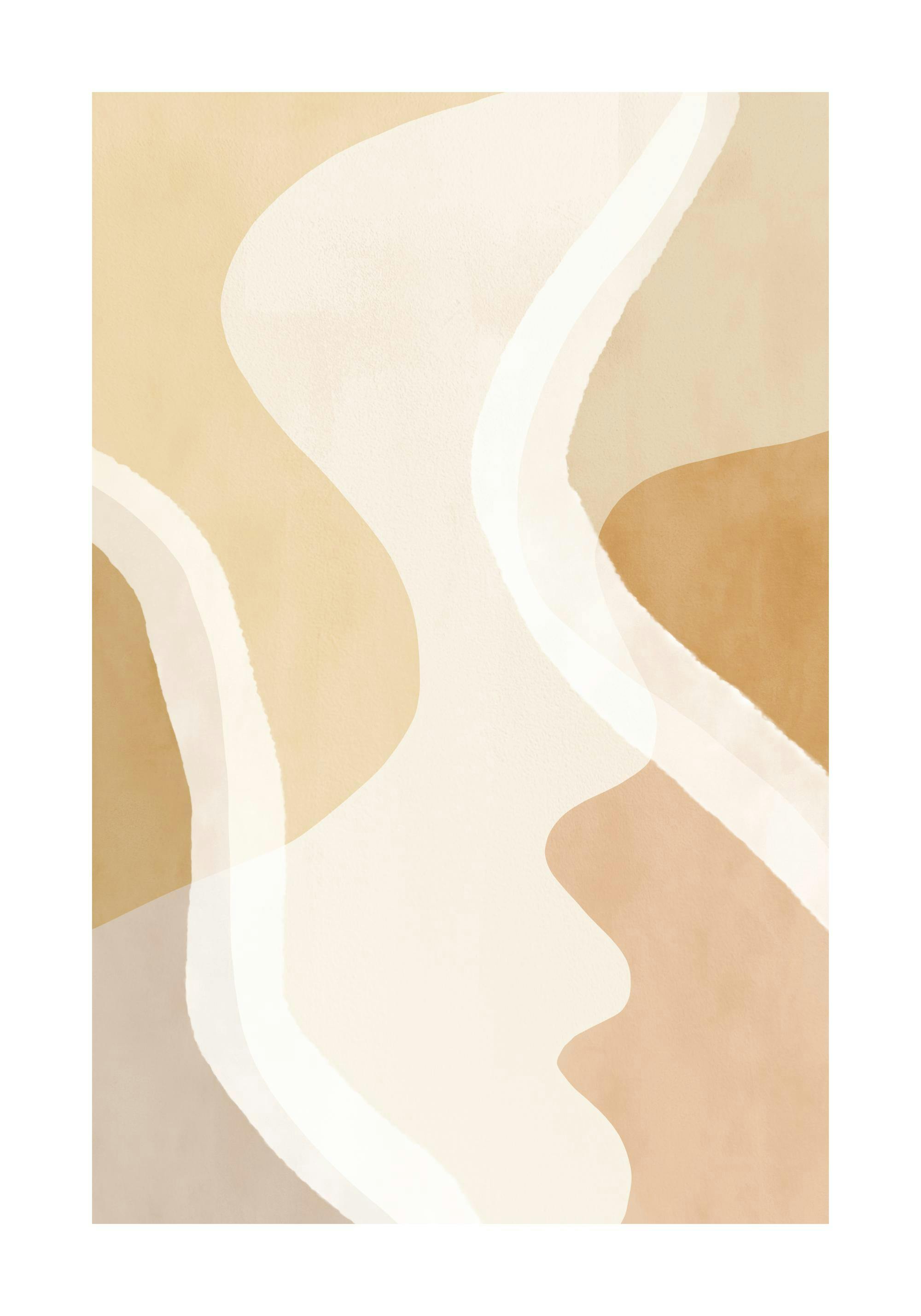 Affiche abstraite moderne aux formes et lignes jaunes, crème et terre de Sienne. Typographie fluide.