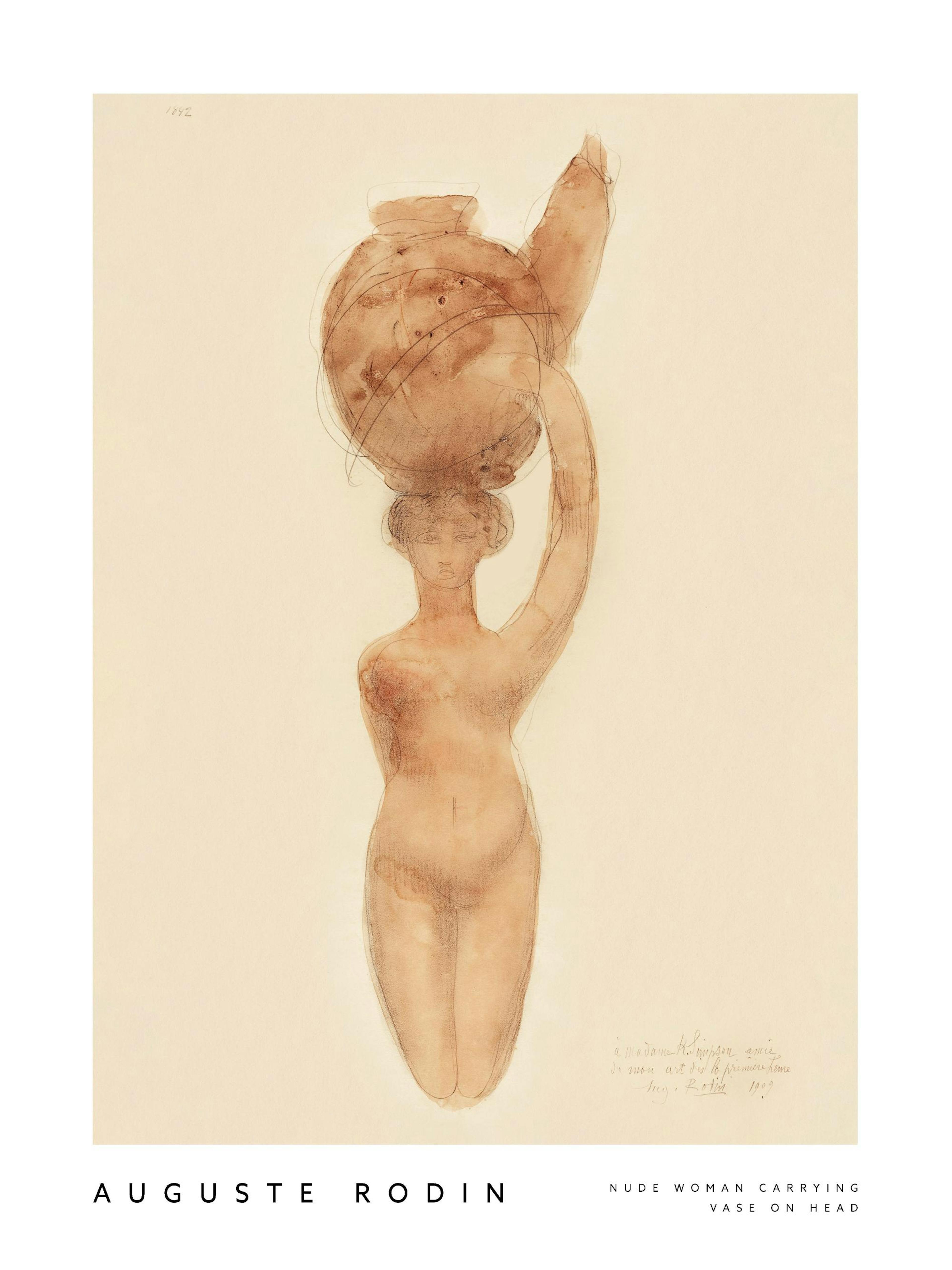 Dibujo acuarela de Rodin: mujer desnuda con jarrón en la cabeza, estilo clásico, tonos beige.