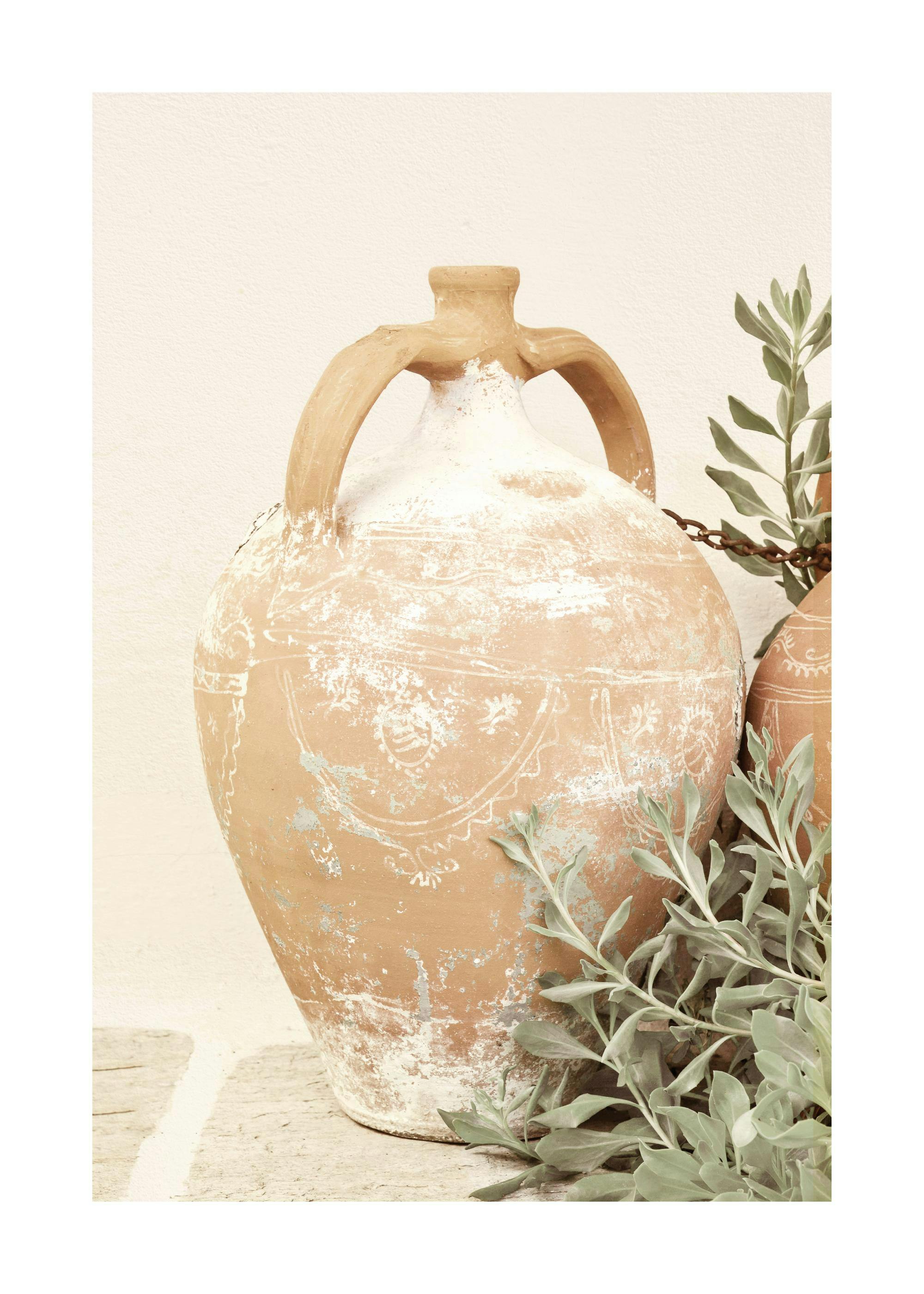 Clay pot print with stucco in beige and green plants, a poster print.