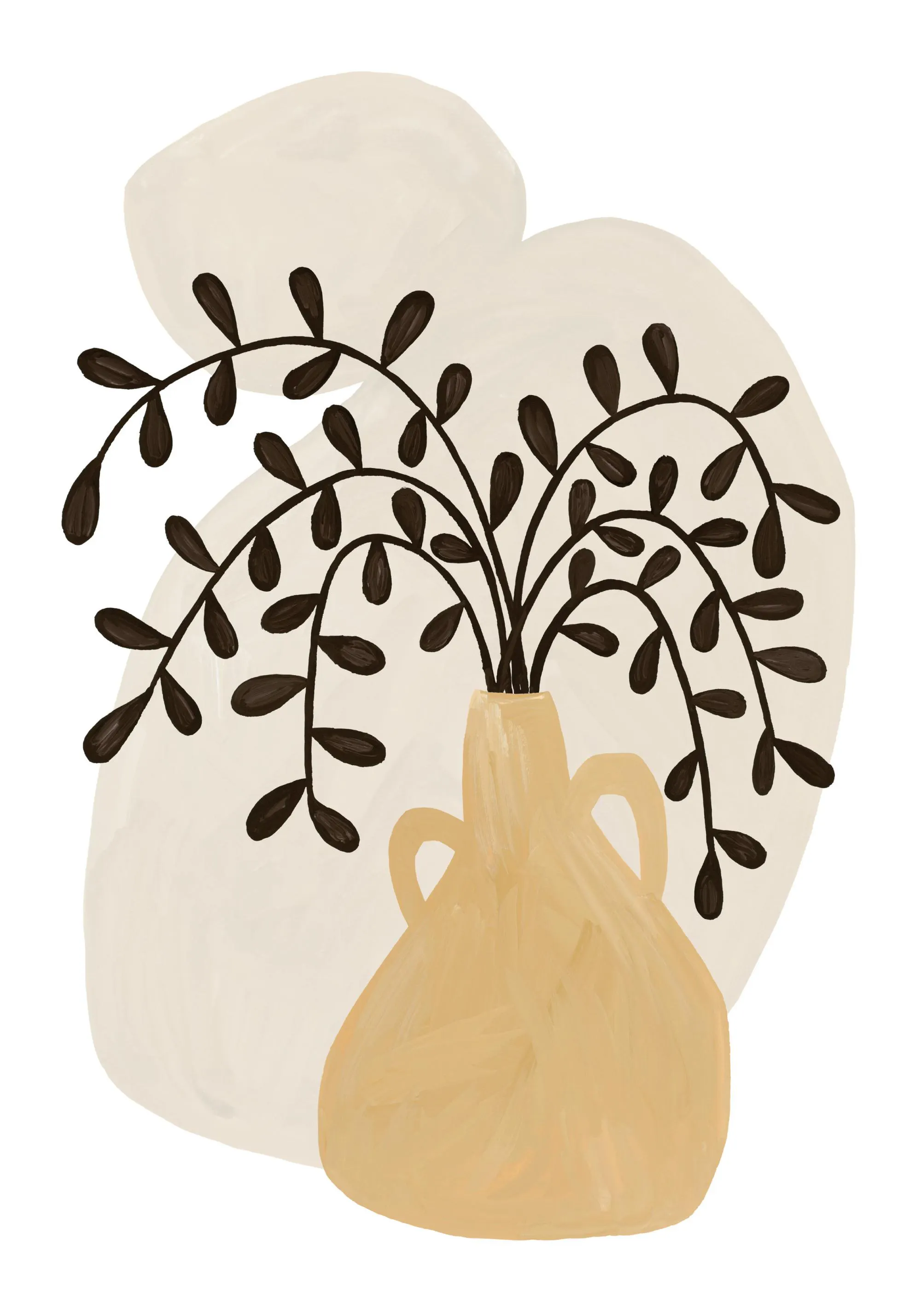 Stampa artistica minimalista: vaso giallo con manici e rami neri su sfondo beige, arte grafica murale.