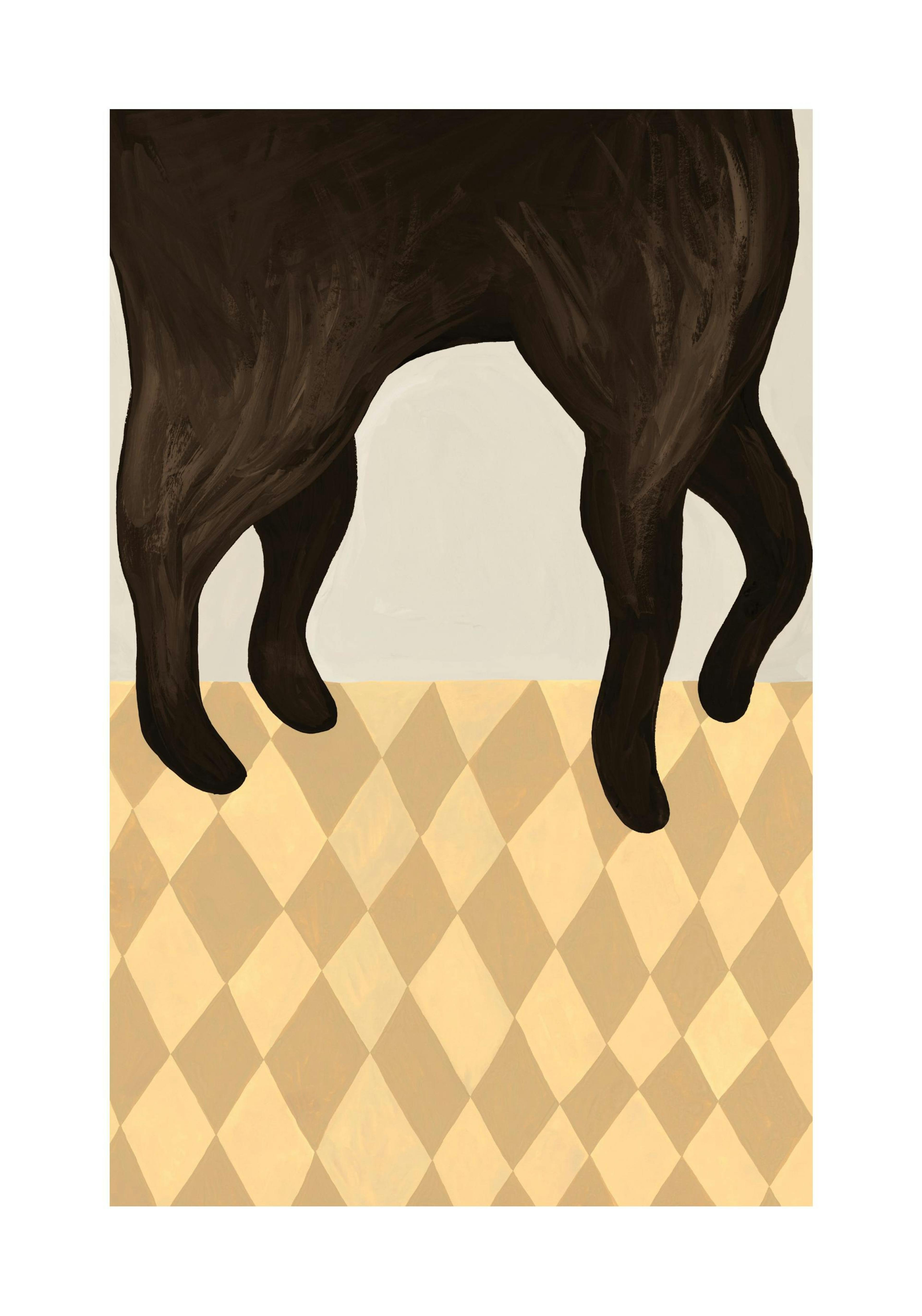 Ilustración de las patas de un gato negro caminando sobre un suelo de baldosas con diseño de rombos, estilo arte minimalista.
