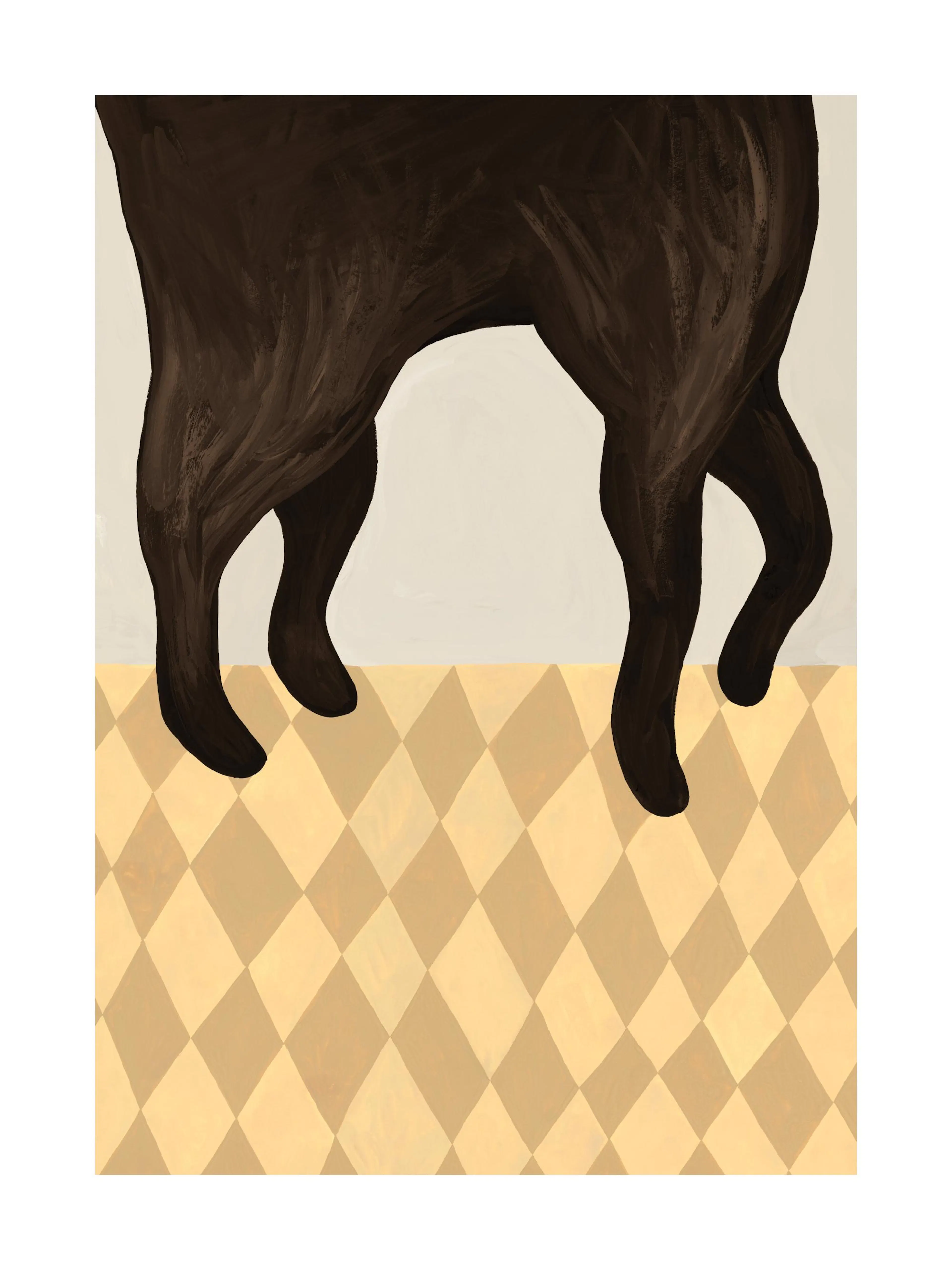 Black cat walking on a diamond pattern floor, an animal art print.