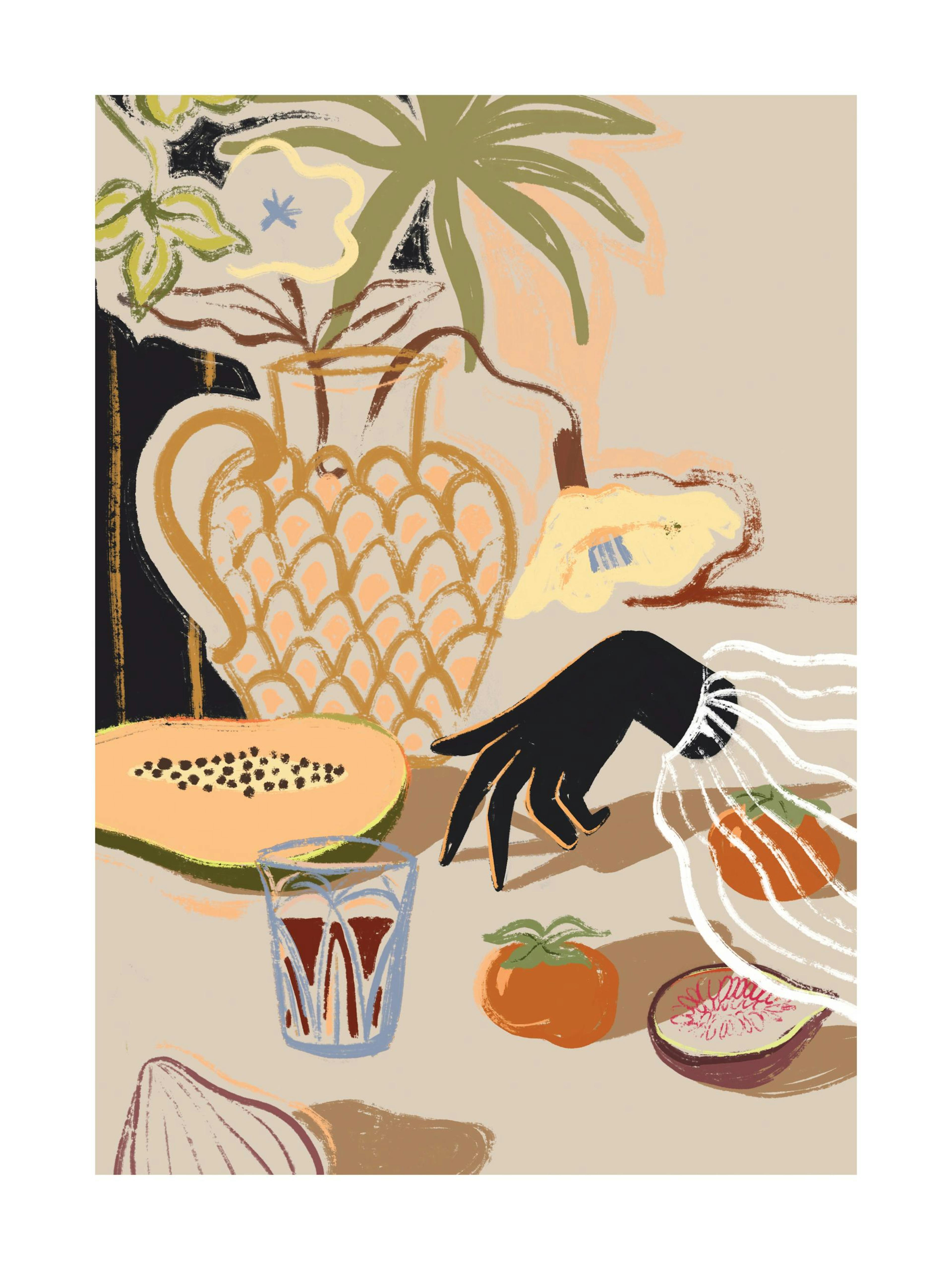 Arty Guava Fruitful Spread Print, a vibrant poster featuring a fruit table with a hand and flowers in a vase.