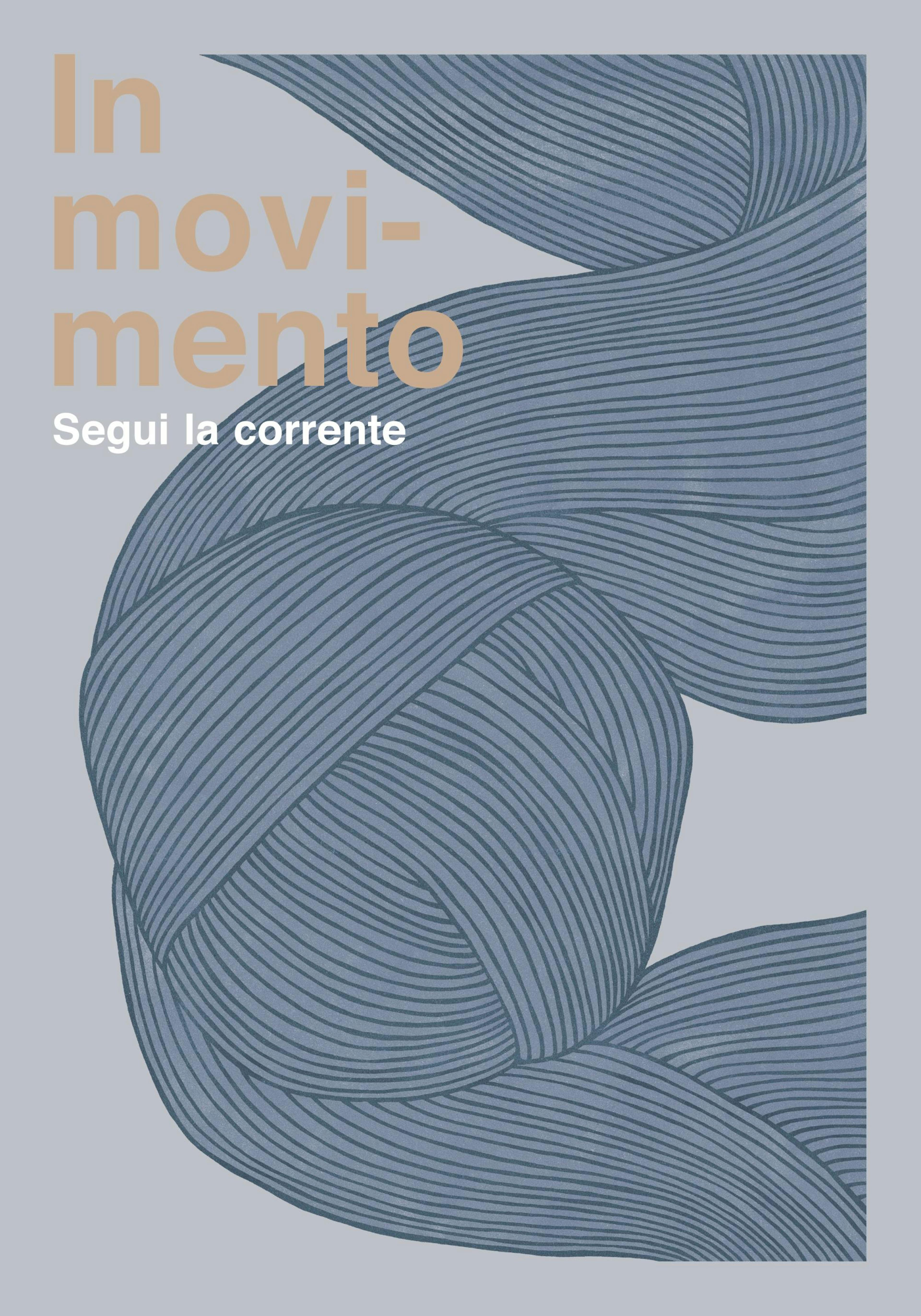 Poster In Movimento mit blauen, geschwungenen Formen und goldenem Text auf grauem Hintergrund.