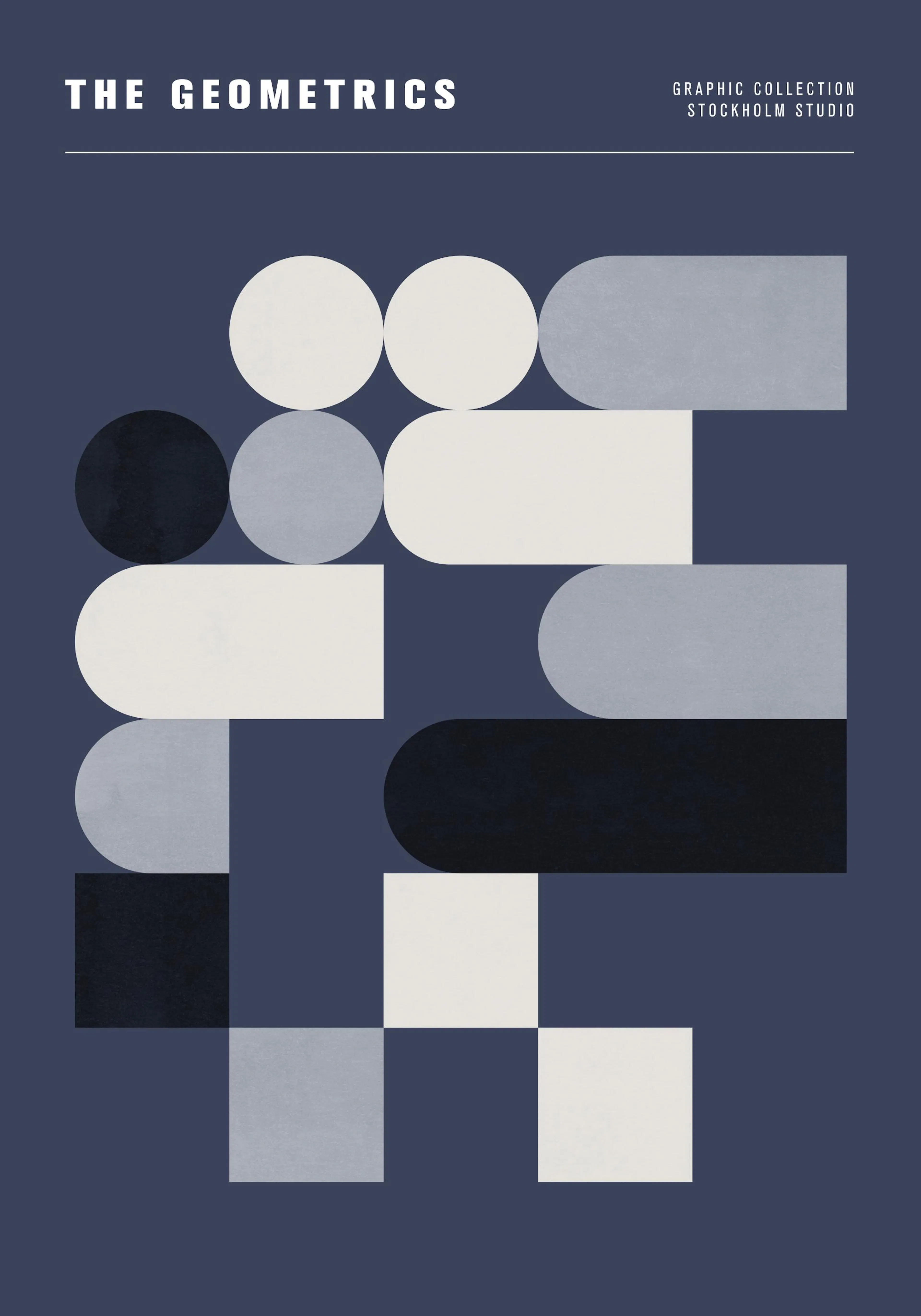 Poster geometrico con cerchi, rettangoli e quadrati in blu, bianco e nero. Stampa grafica astratta