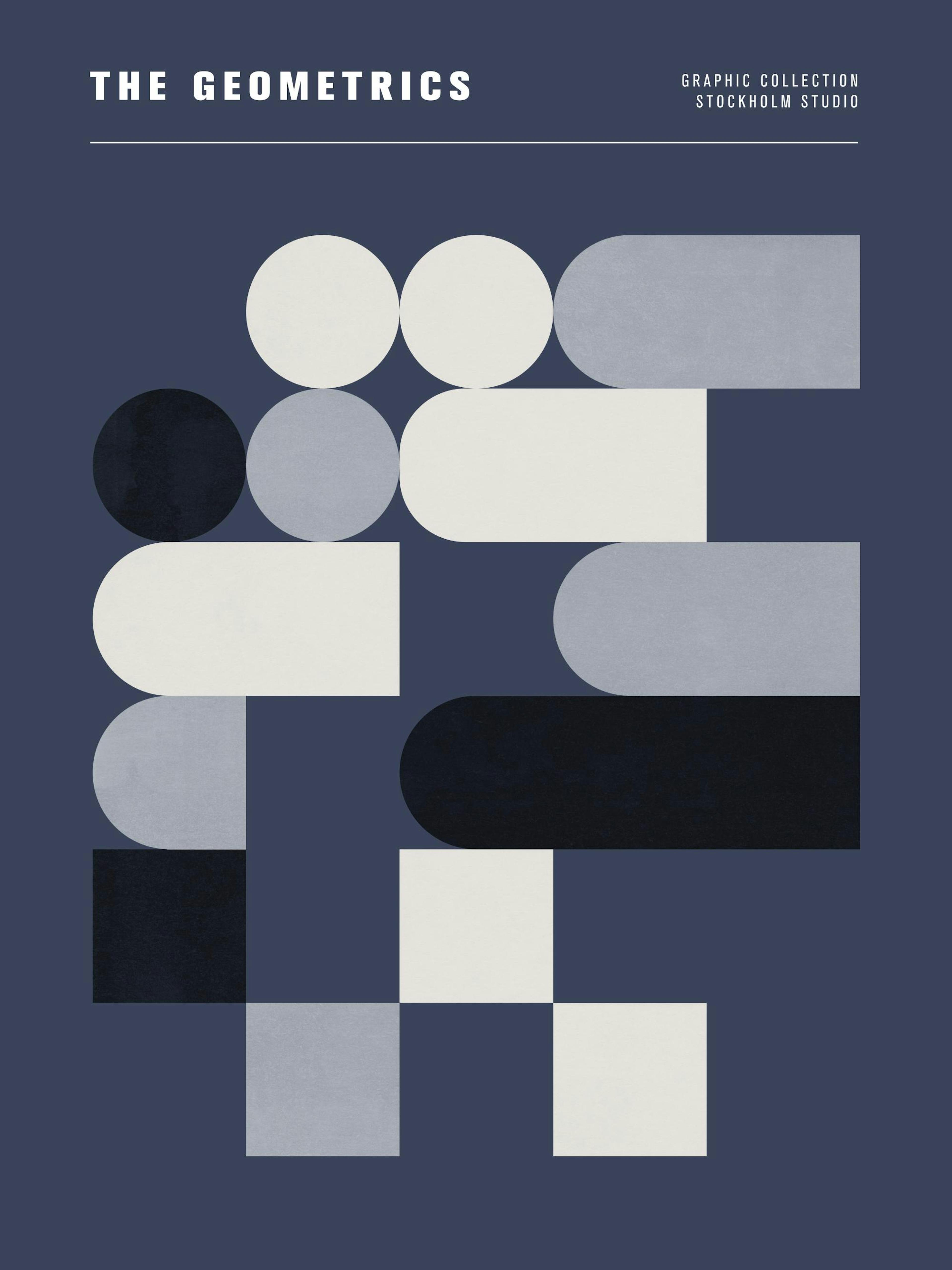A geometric print with white, gray, and black shapes on a dark blue background, hanging above a bedside table in a bedroom.