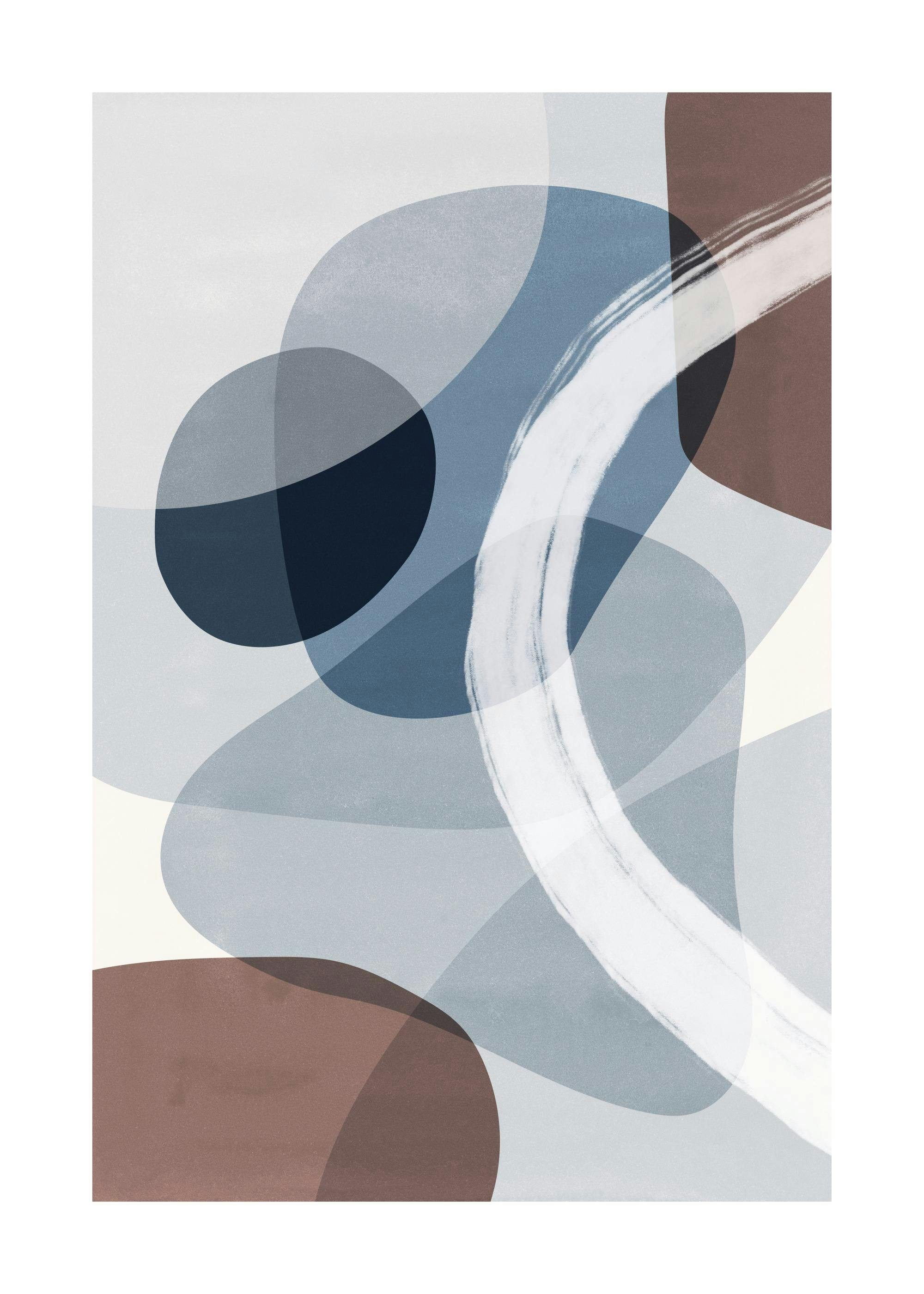 Abstract Blue Shapes No2 print with overlapping organic shapes in blue, brown, and white, featuring a bold white brushstroke.