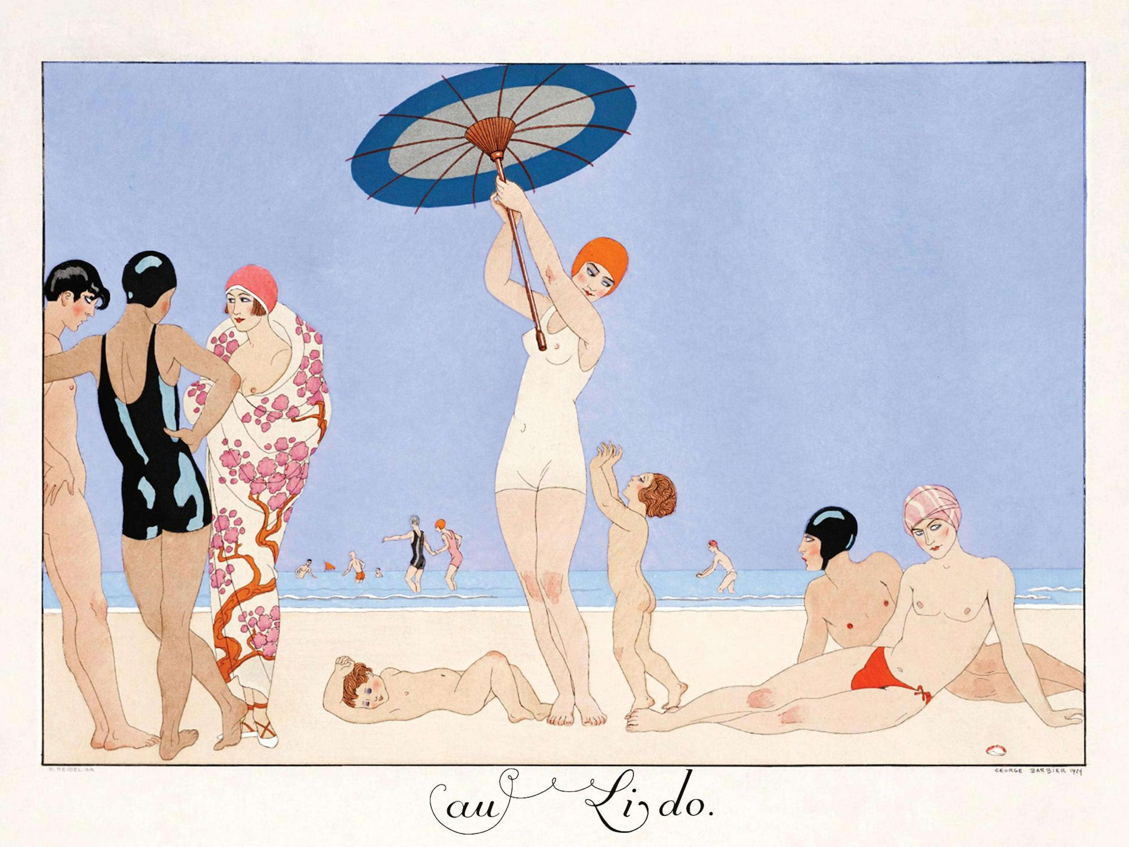 George Barbiers Au Lido print, showing people on a beach with 1920s swimsuits and an umbrella.
