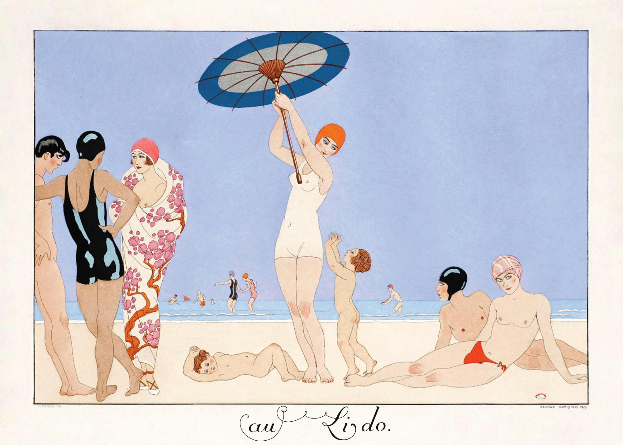 Affiche de George Barbier montrant des personnes en maillot de bain et une femme avec un parapluie sur une plage, typographie Au