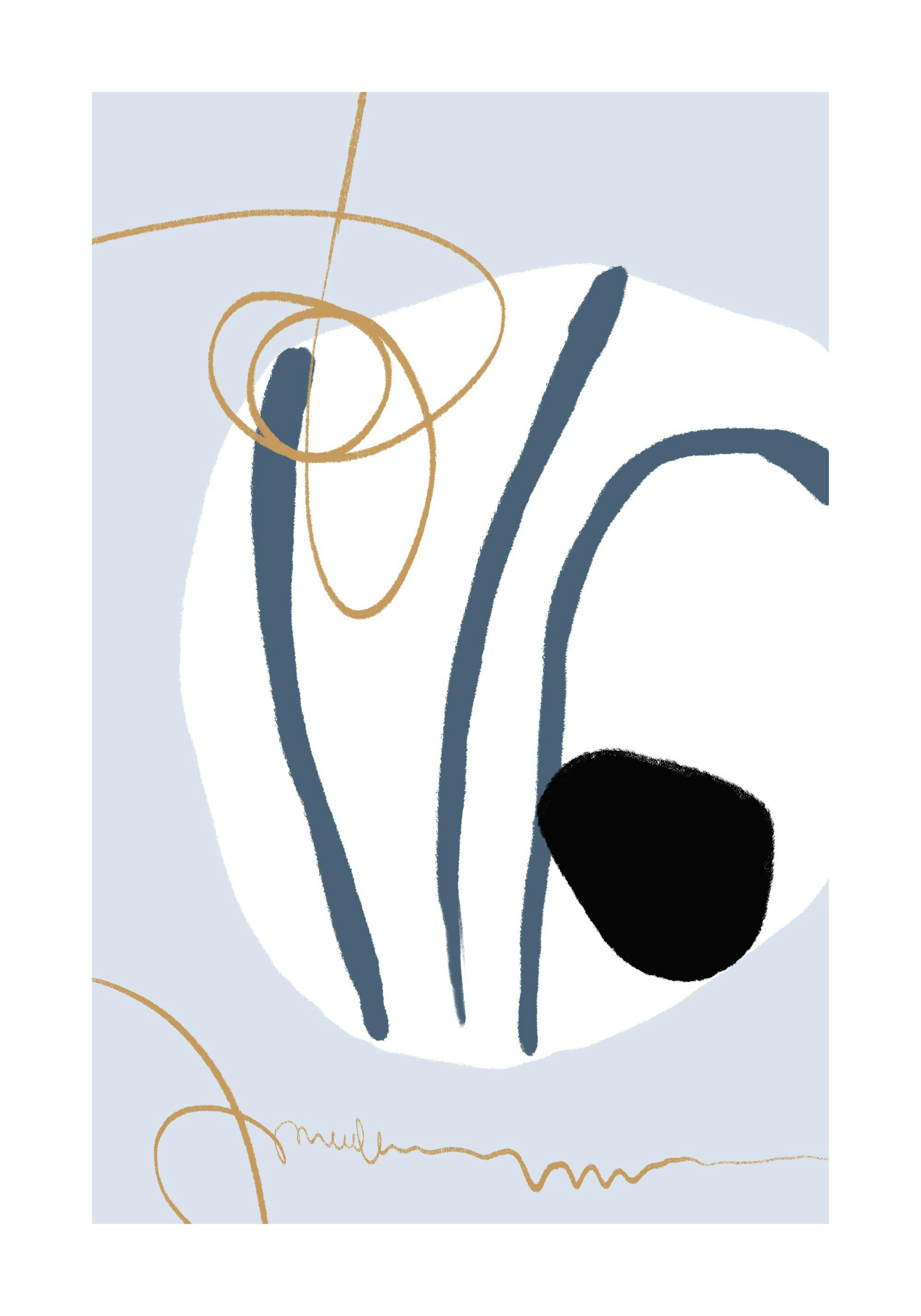 Poster astratto con strisce blu scuro, forme nere e linee dorate su sfondo bianco e azzurro.