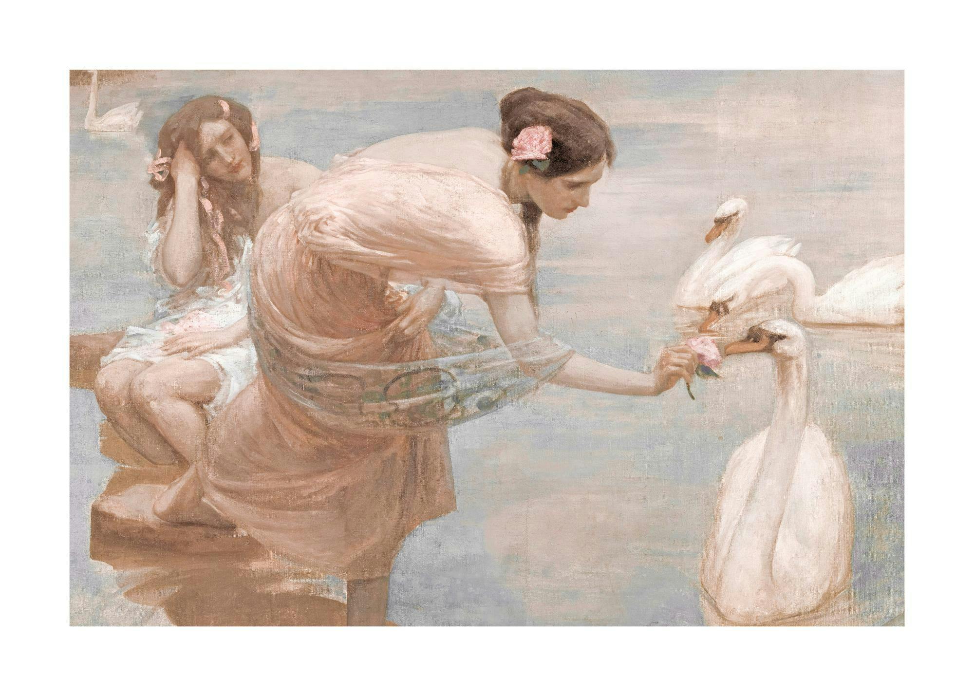 Painting of two women in pink giving pink flowers to four white swans in a lake