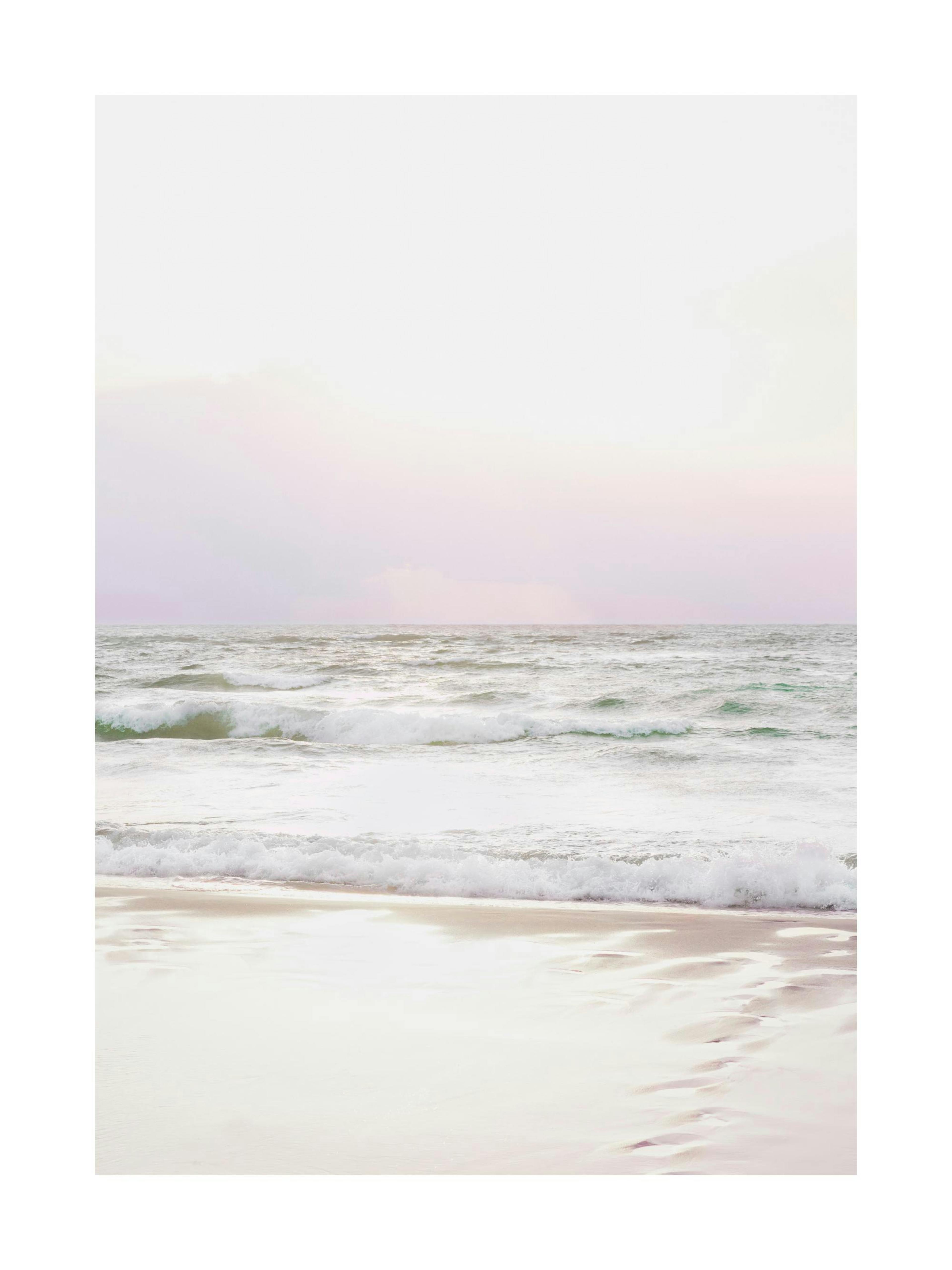 Pastel waves print poster with purple sky over sandy beach and ocean waves.