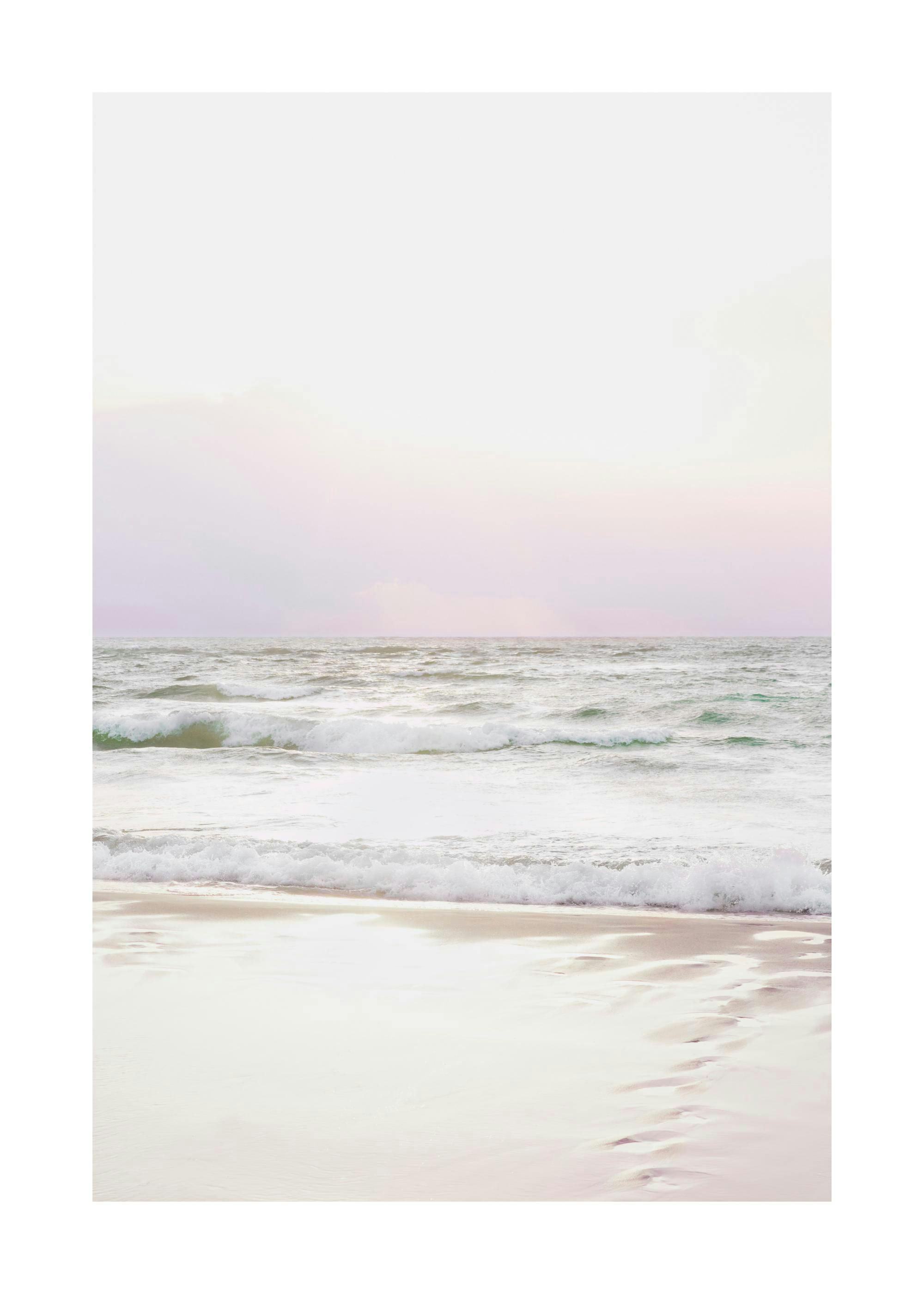 Pastel waves on a sandy beach with a soft purple and pink sunset sky, calm ocean art print.
