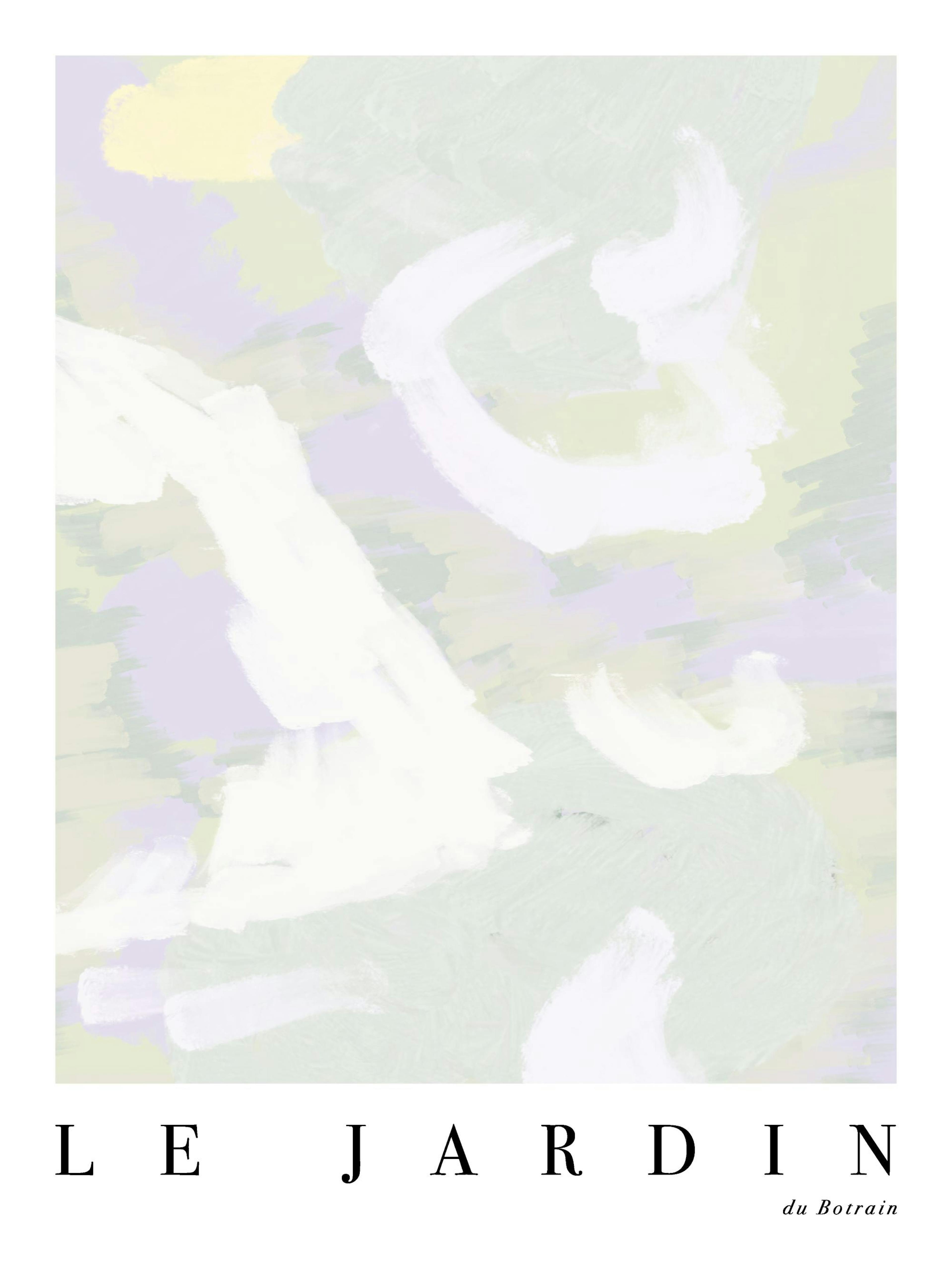 Le Jardin No7 abstract print with pastel purple, green, yellow, and white brushstrokes, text Le Jardin du Botrain poster