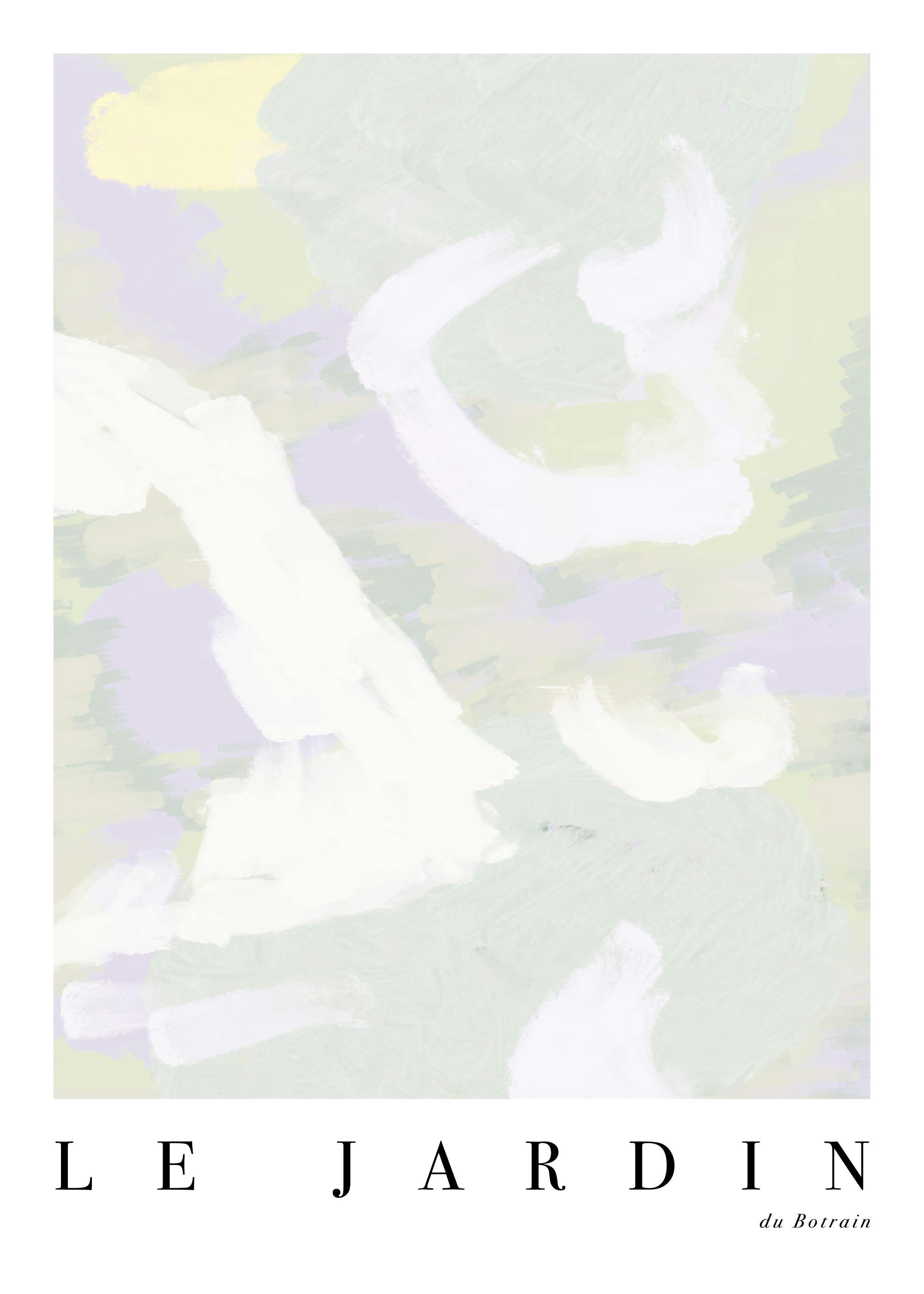 Poster astratto Le Jardin No7 con pennellate pastello viola, verde e giallo. Poster moderno per decorazione murale.
