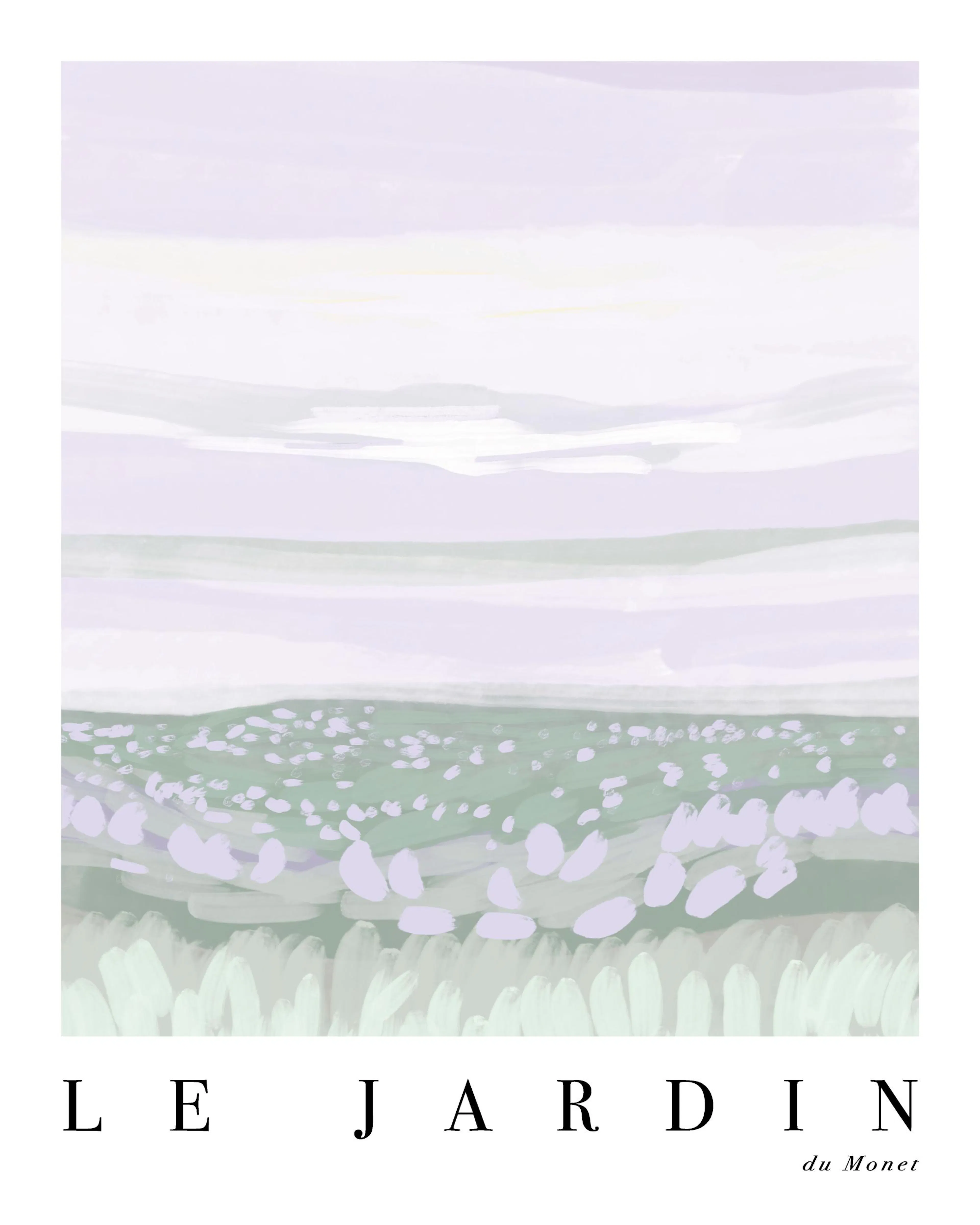 Purple and green Le Jardin No8 art print with a magical meadow, light purple sky, and Le Jardin Du Botrain text.