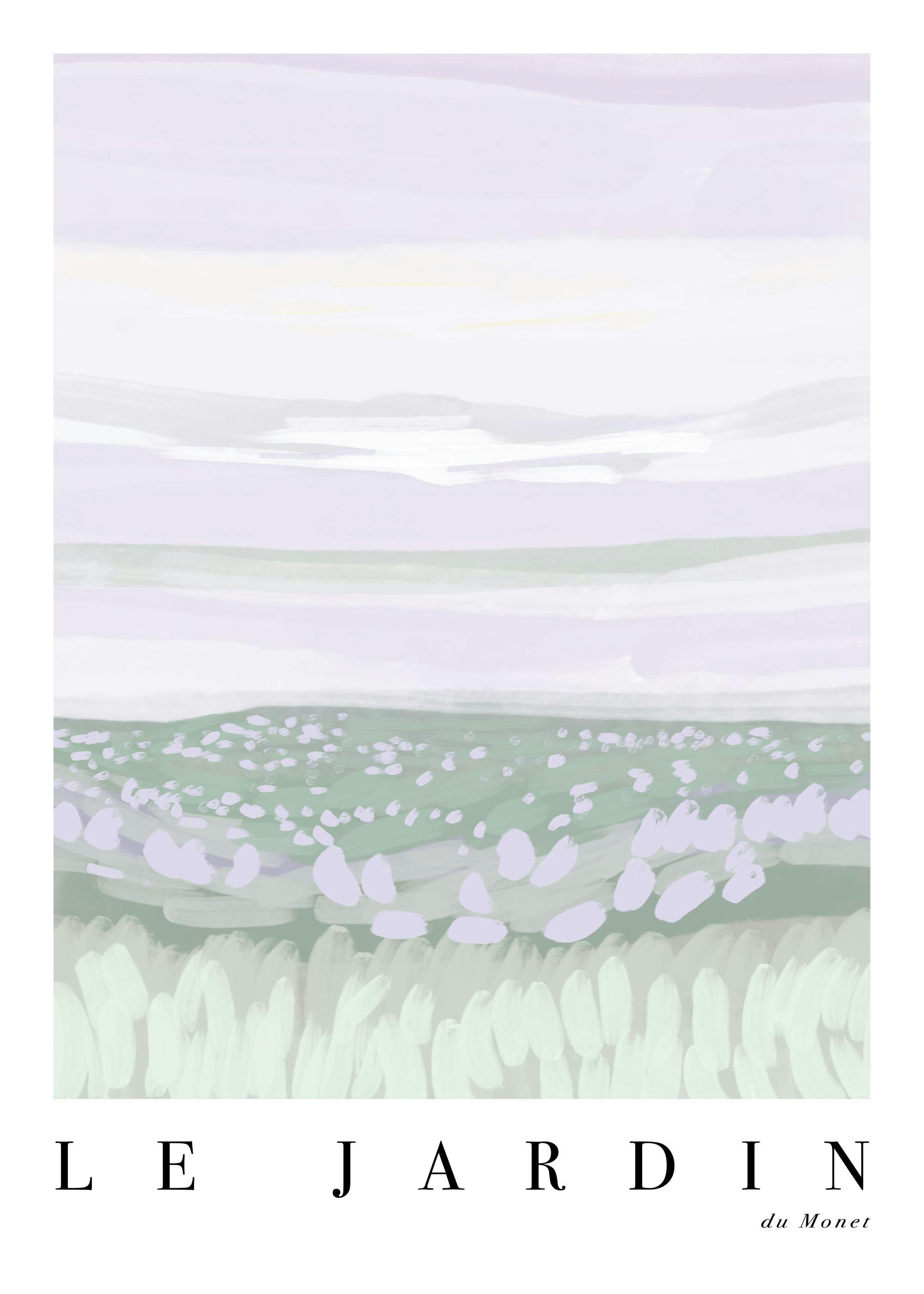 Plakat Le Jardin No8: purpurowa łąka z fioletowo-zielonymi elementami i fioletowym niebem, napis Le Jardin Du Botrain.