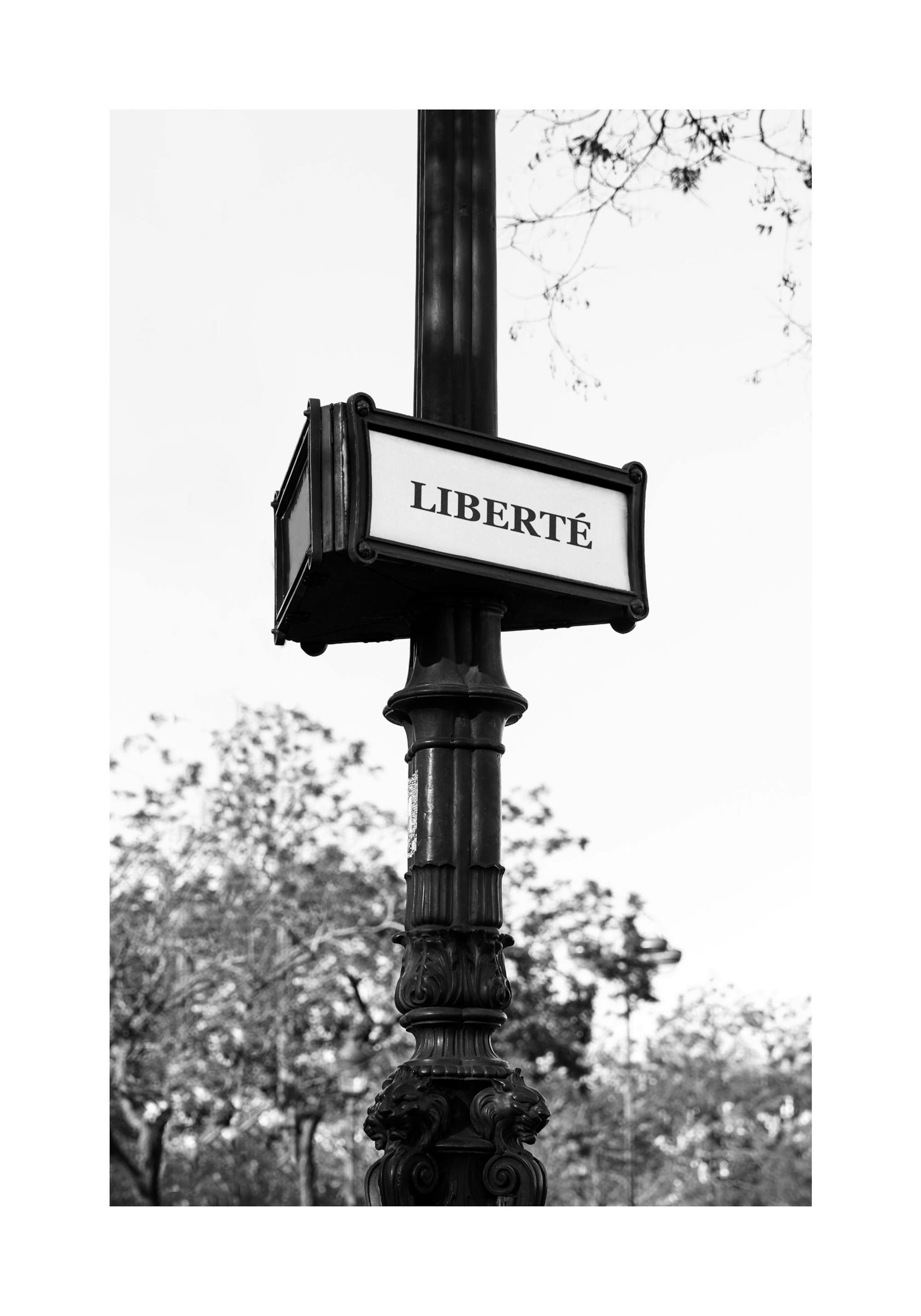 Póster en blanco y negro de un poste con un letrero de Liberté, estilo vintage, fotografía callejera francesa.