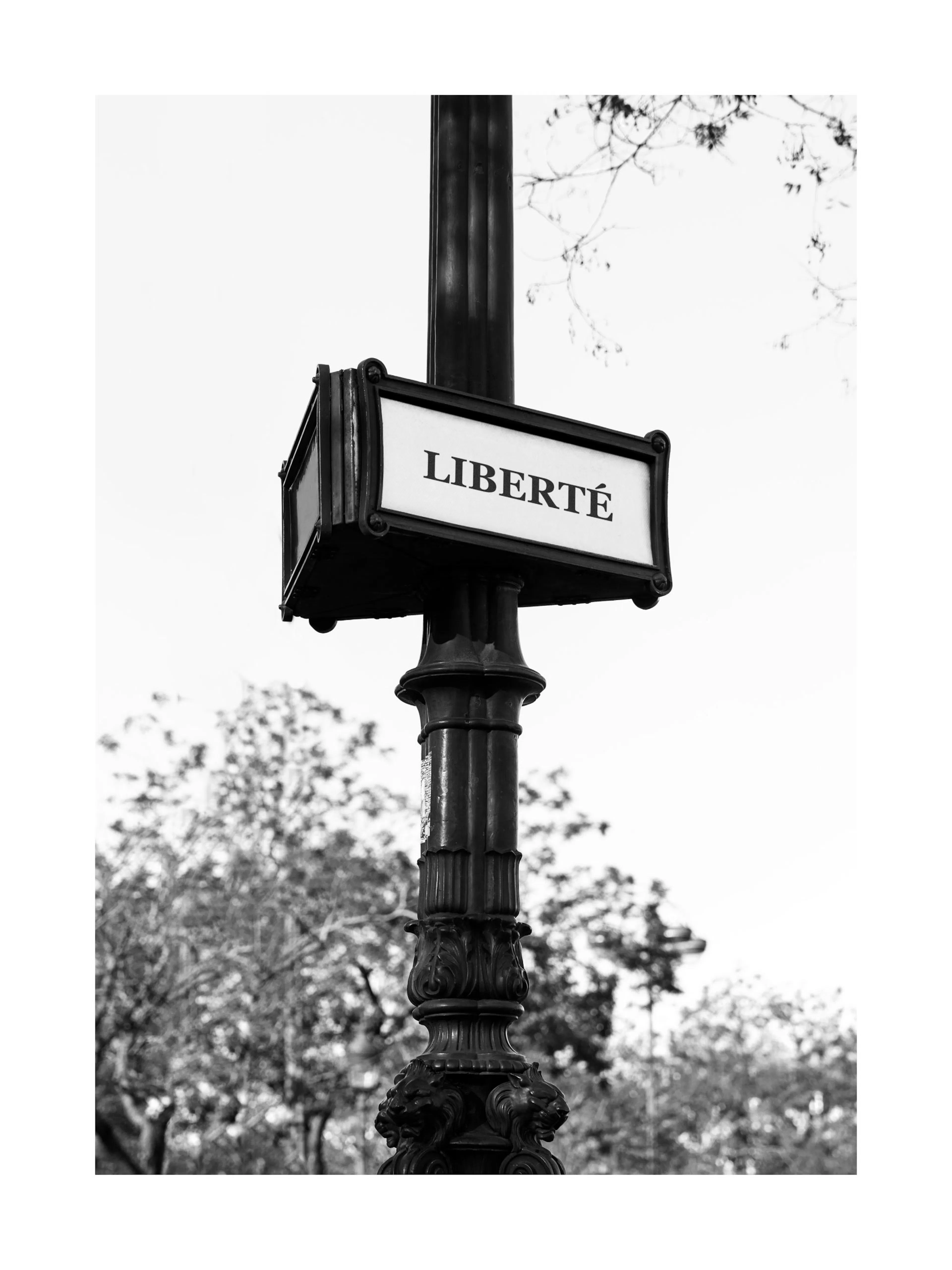 Schwarz-weißes Poster mit schwarzer Laternenstange und weißem Schild Liberté. Französisches Straßenschild im Old-School-Look.