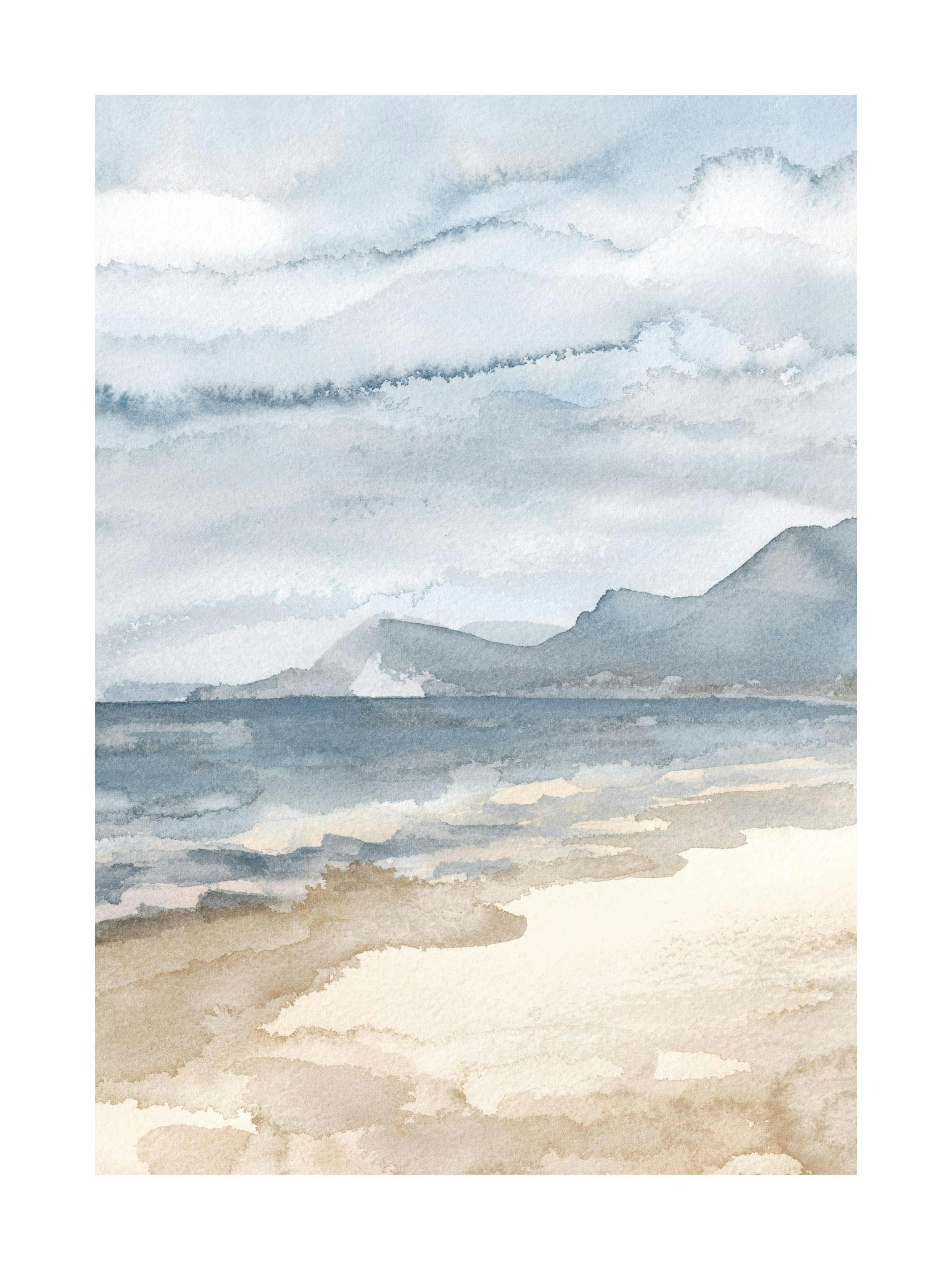 Watercolor painting of a tranquil beach with soft blue water, sandy shore, and distant mountains under a cloudy sky.