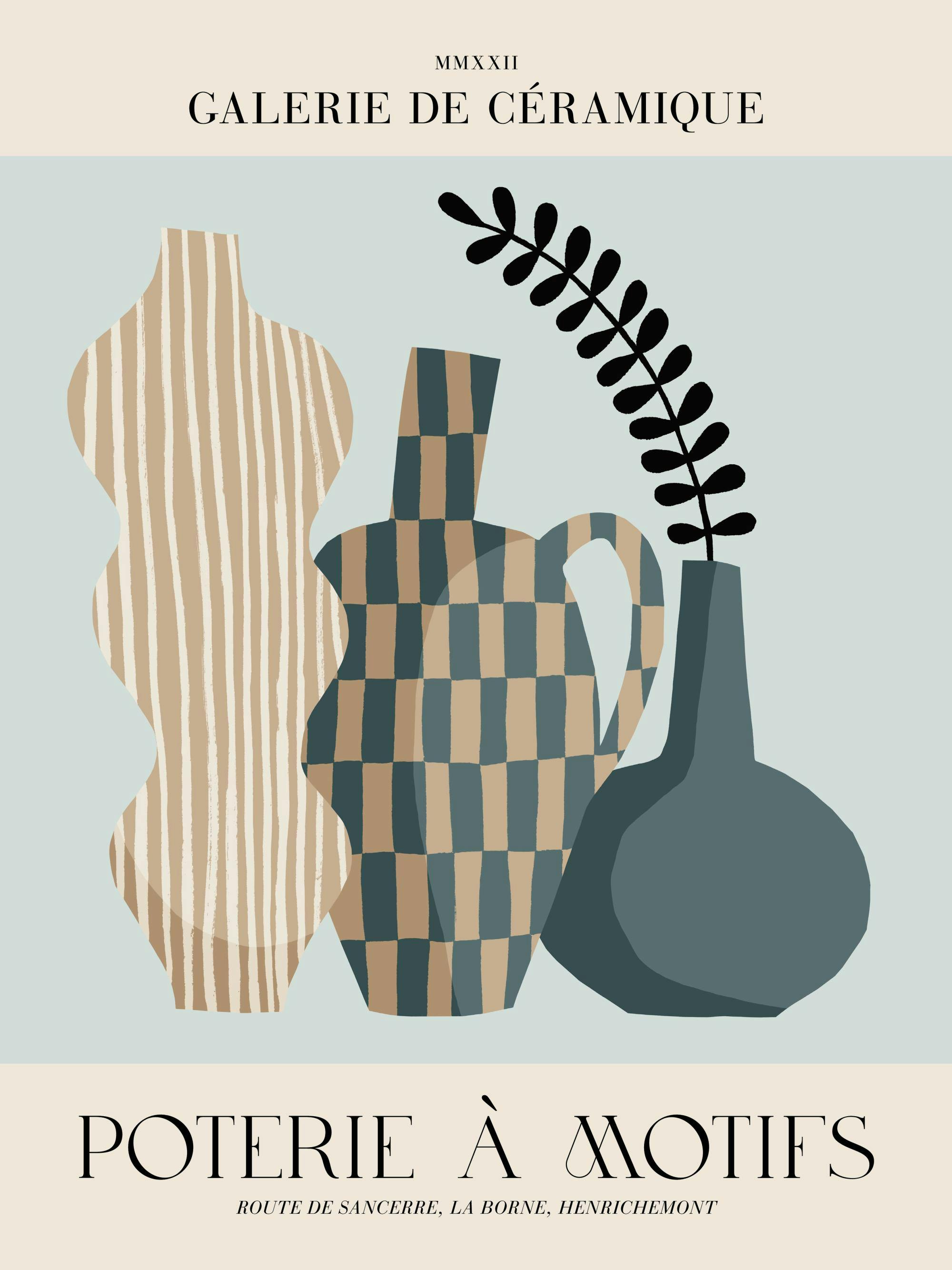 Grafisk poster med tre vaser i olika mönster och en grön växt på en blå och beige bakgrund. Mönstrade keramiska vaser.